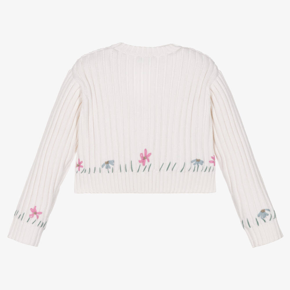 Girls White Embroidered Cardigan