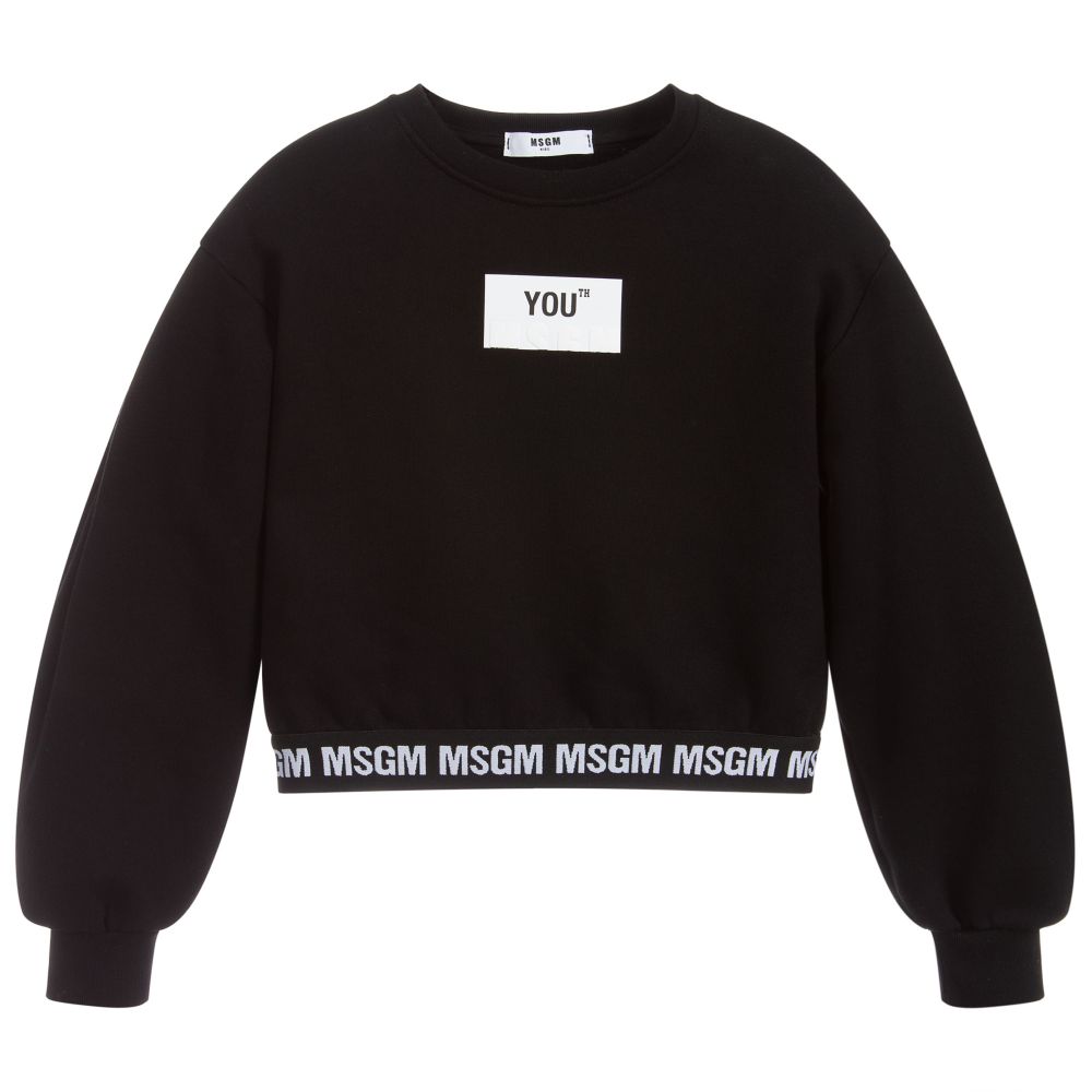 Girls Black Cropped Cotton Sweatshirt