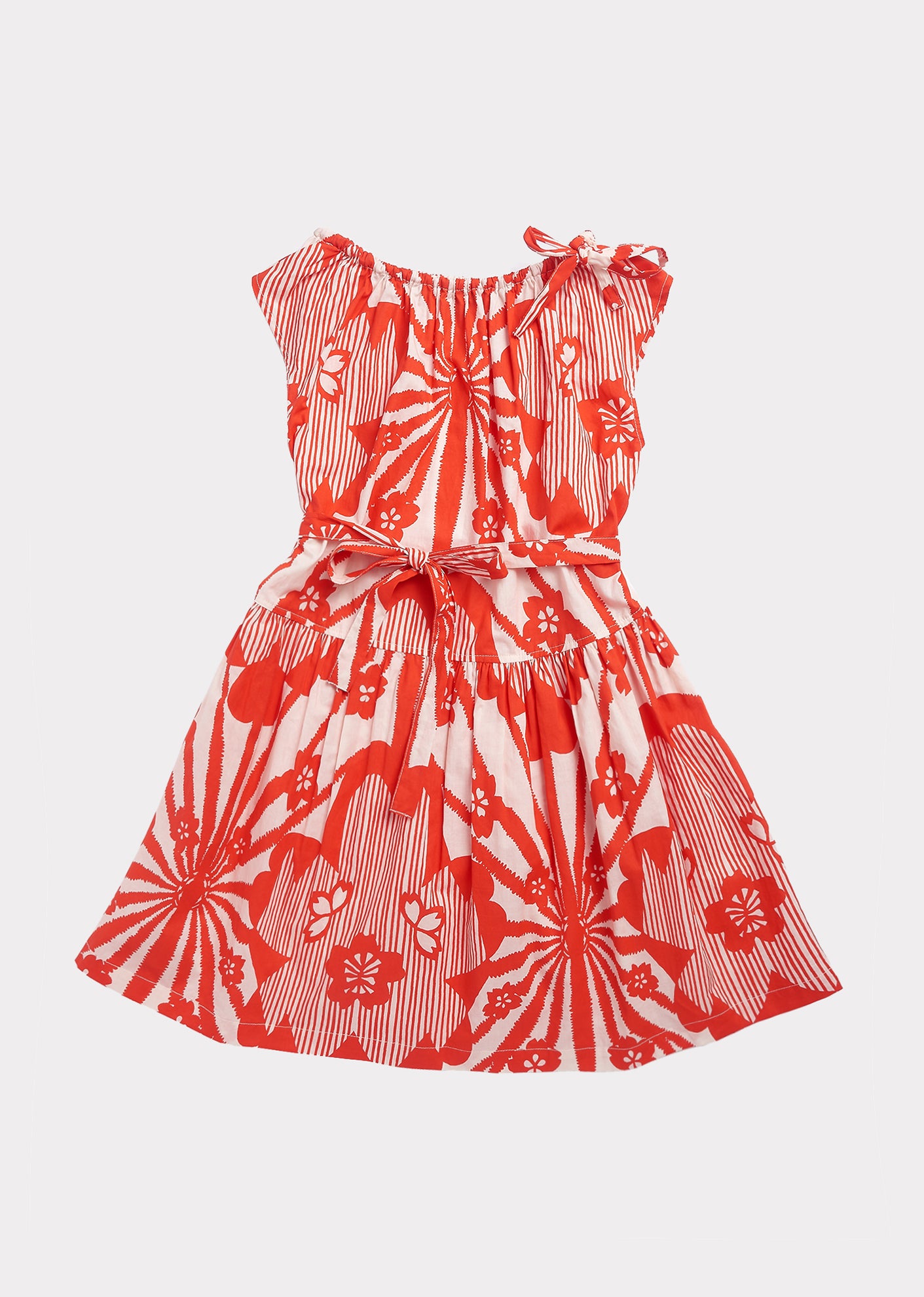 Girls Red Flowers Print Cotton Dress