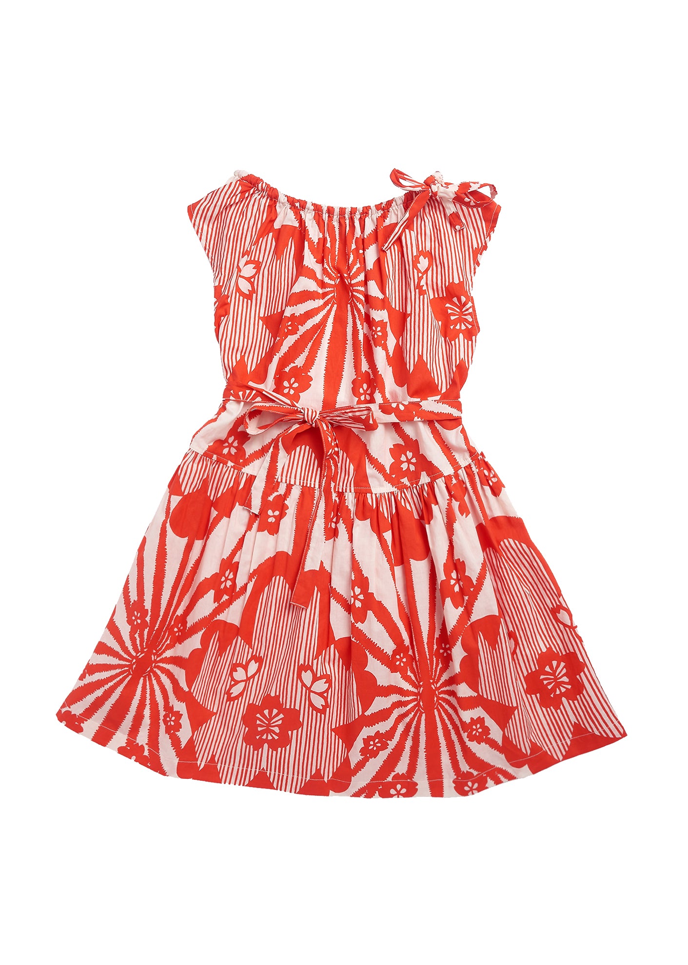 Girls Red Flowers Print Cotton Dress