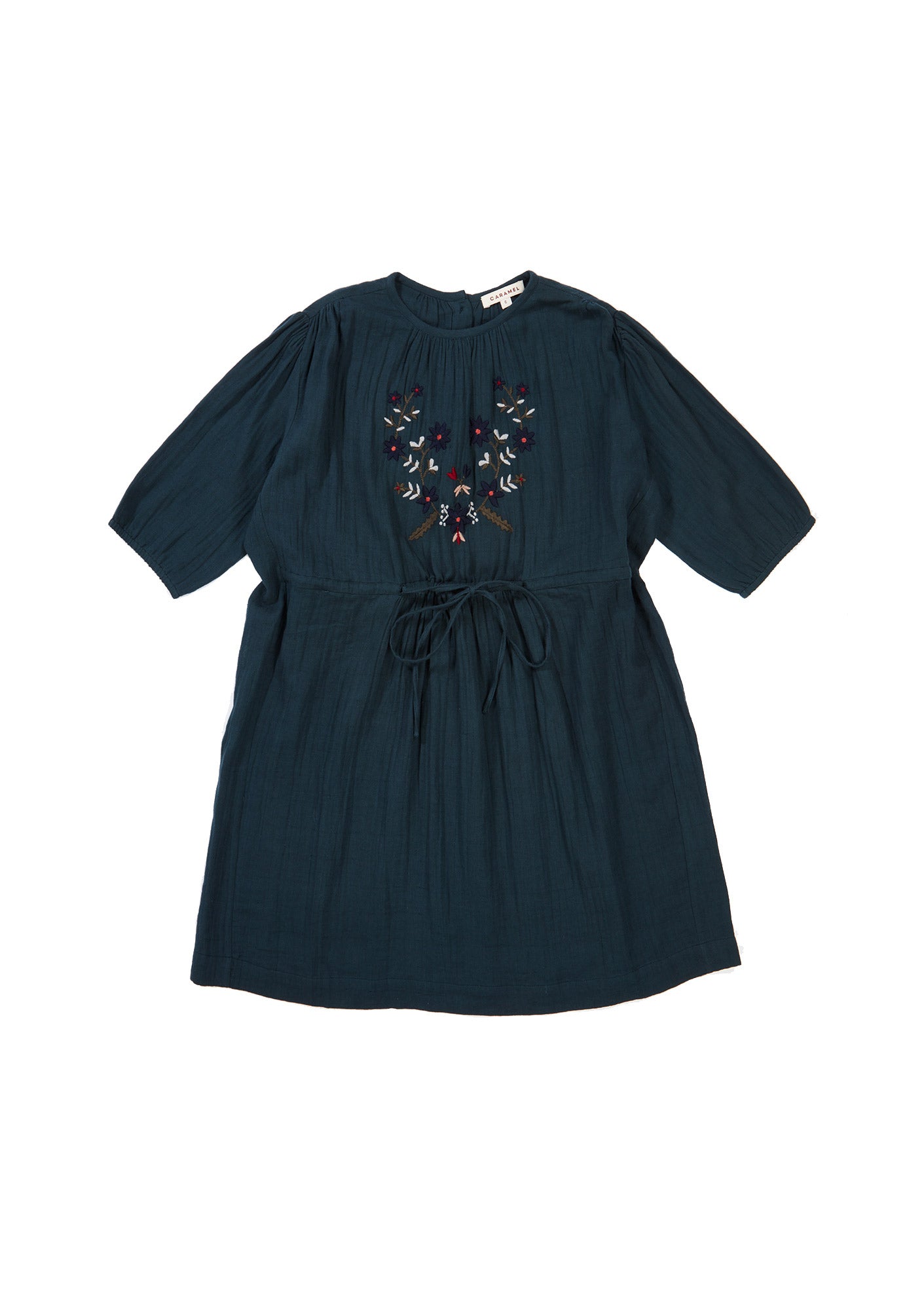 Girls Dark Blue Embroidered Cotton Dress