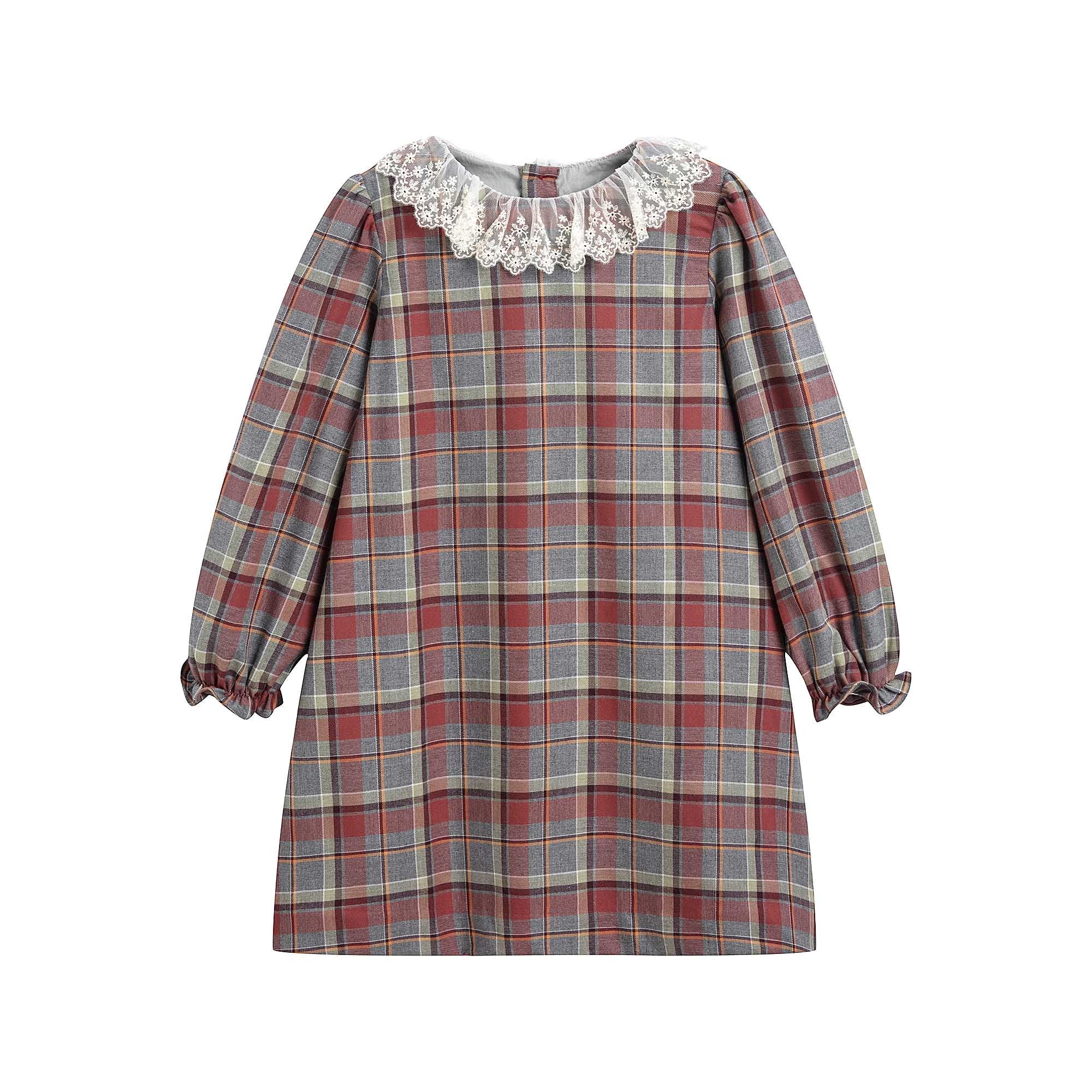Girls Wine Red Check Cotton Dress