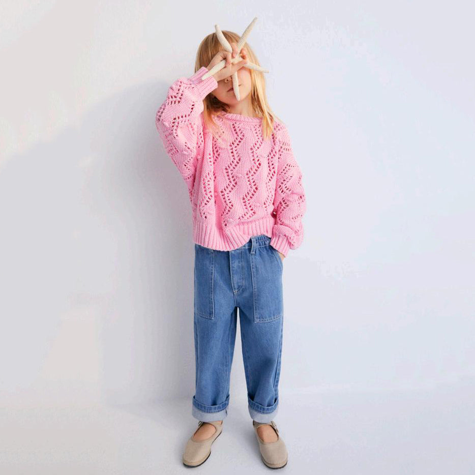 Girls Pink Hollow Knit Sweater