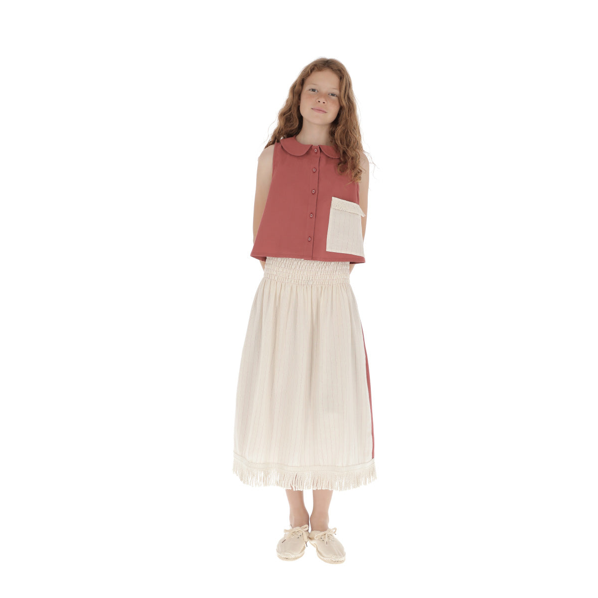 Girls White Stripes Cotton Skirt