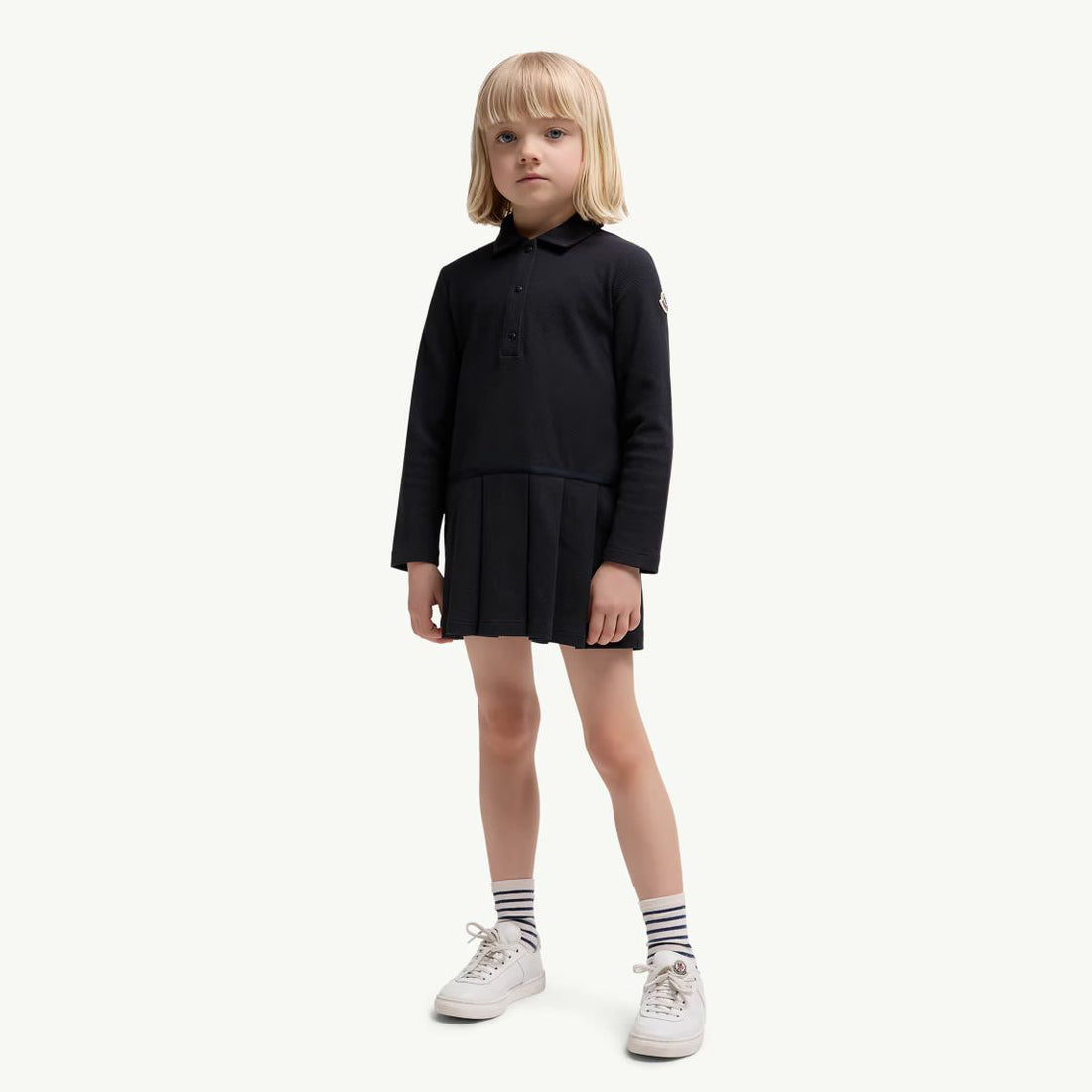 Girls Navy Pleated Cotton Polo Dress
