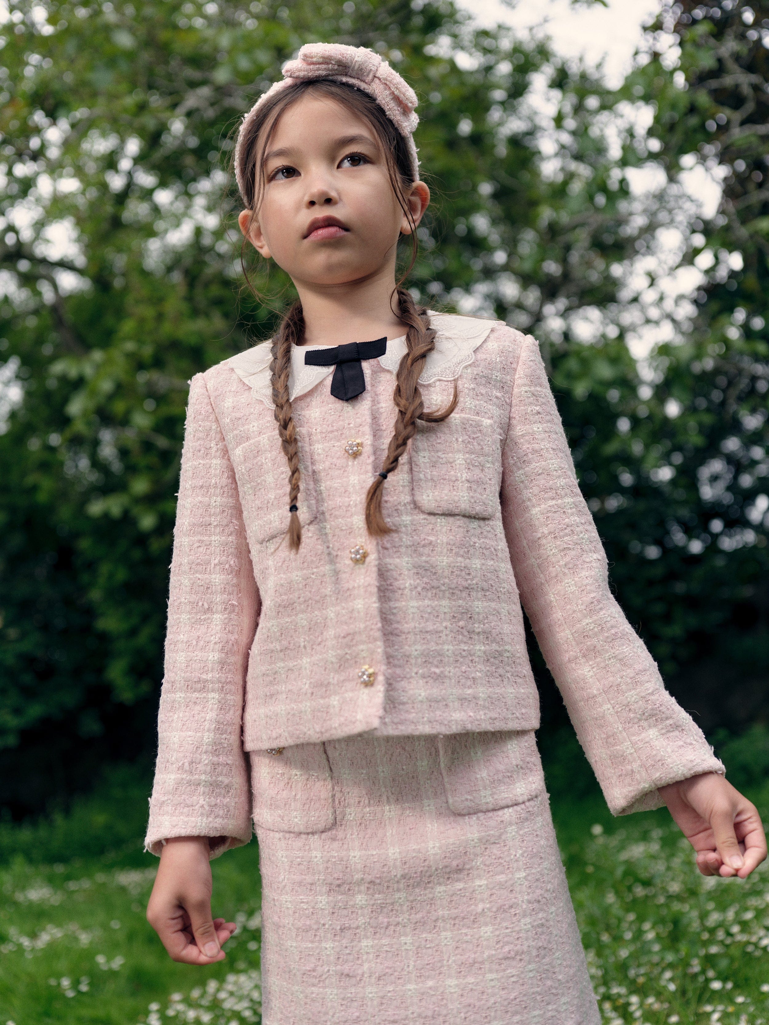 Self Portrait Girls Check Boucle Jacket in Pink