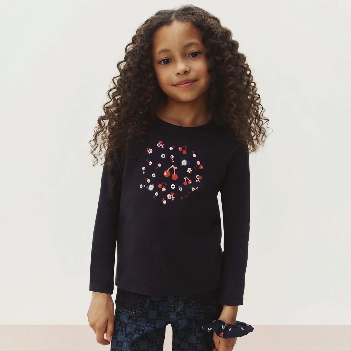 Girls Navy Cherry Printed Cotton T-Shirt