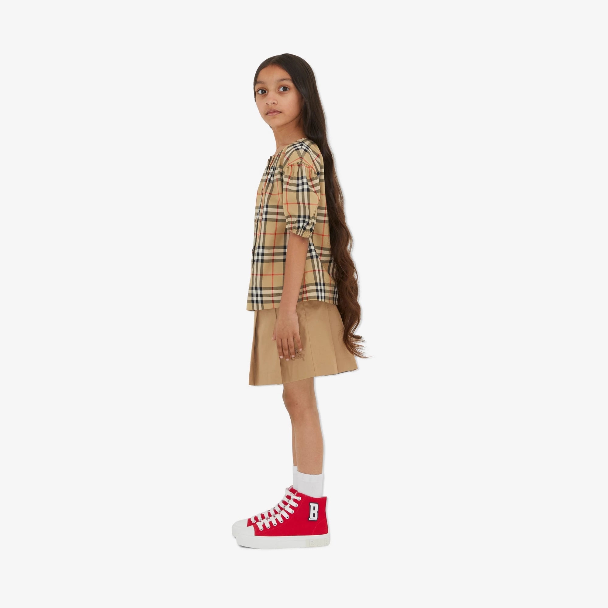 Girls Beige Cotton Pleated Skirt