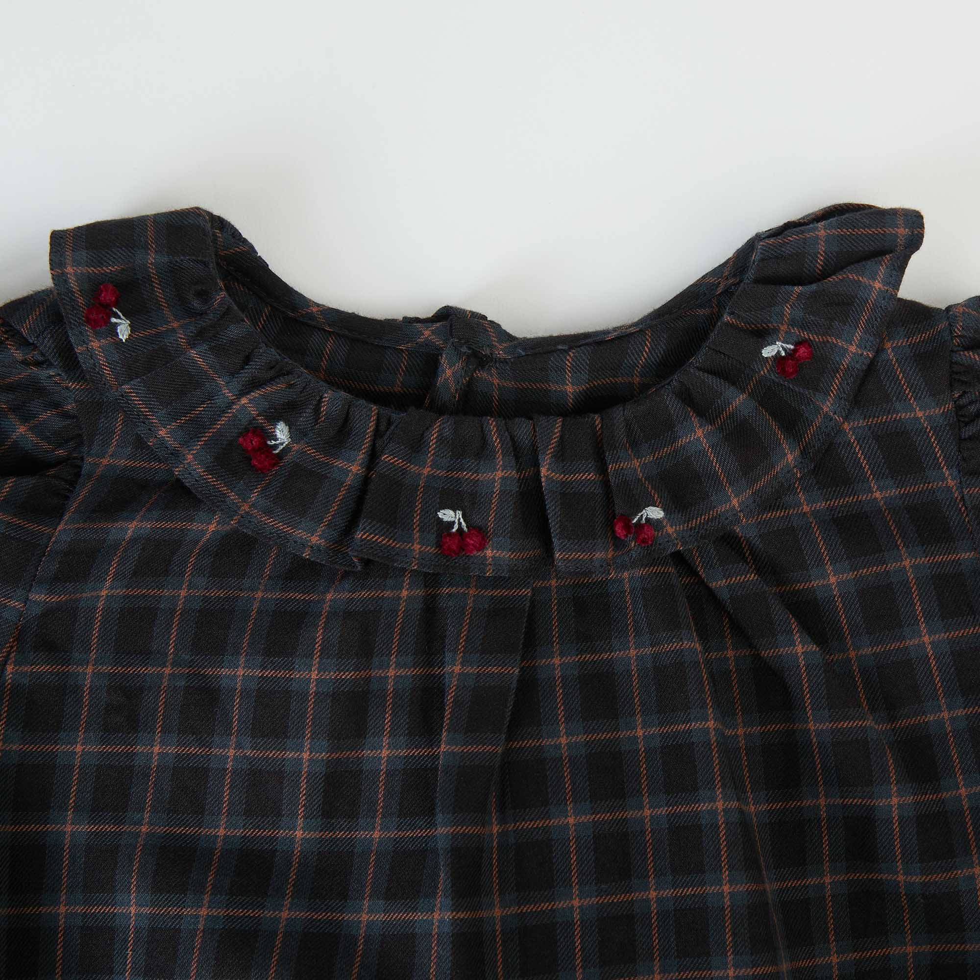 Girls Dark Grey Check Cotton Top