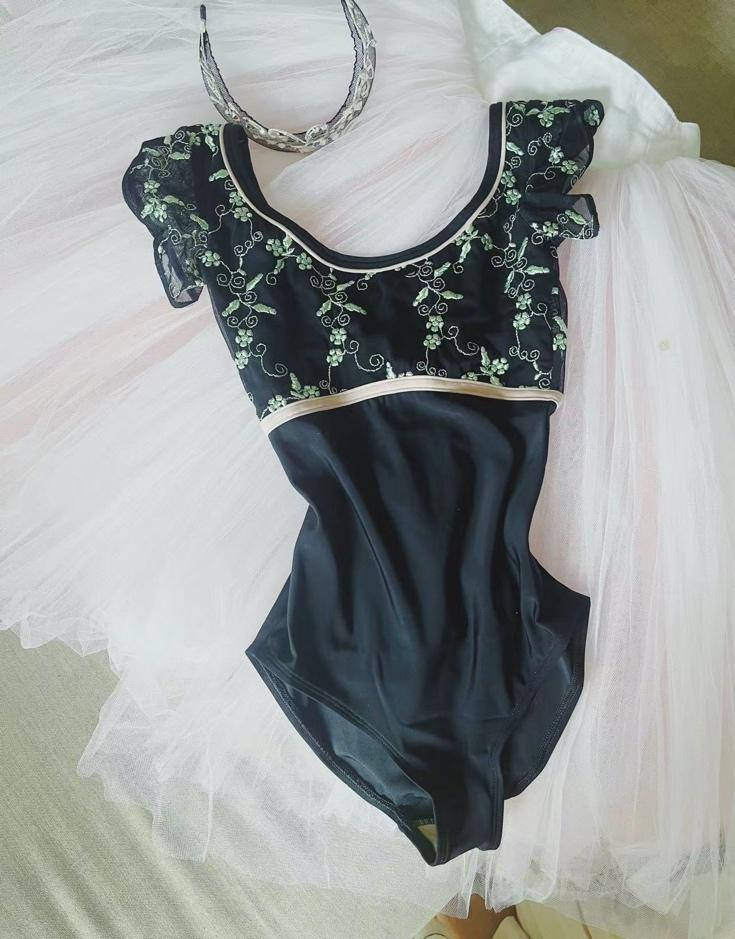 Girls Black Embroidered Ballet Onesies