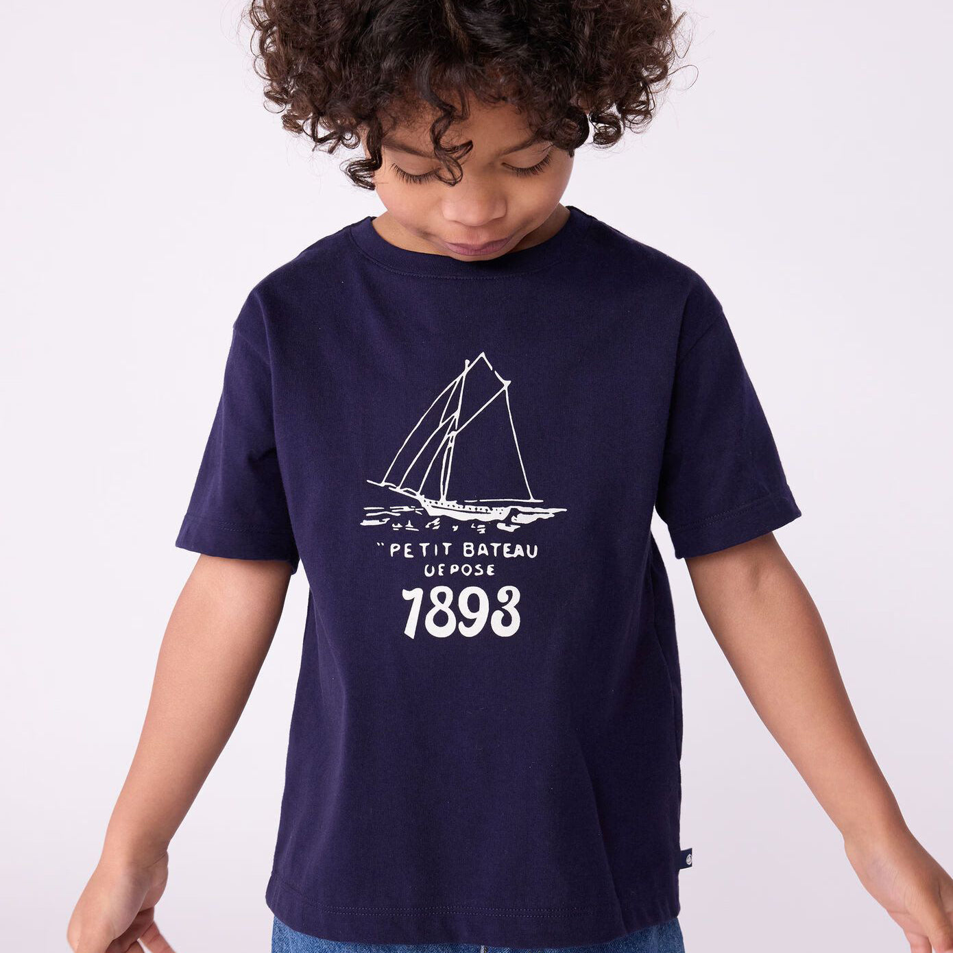 Boys Navy Printed Cotton T-Shirt