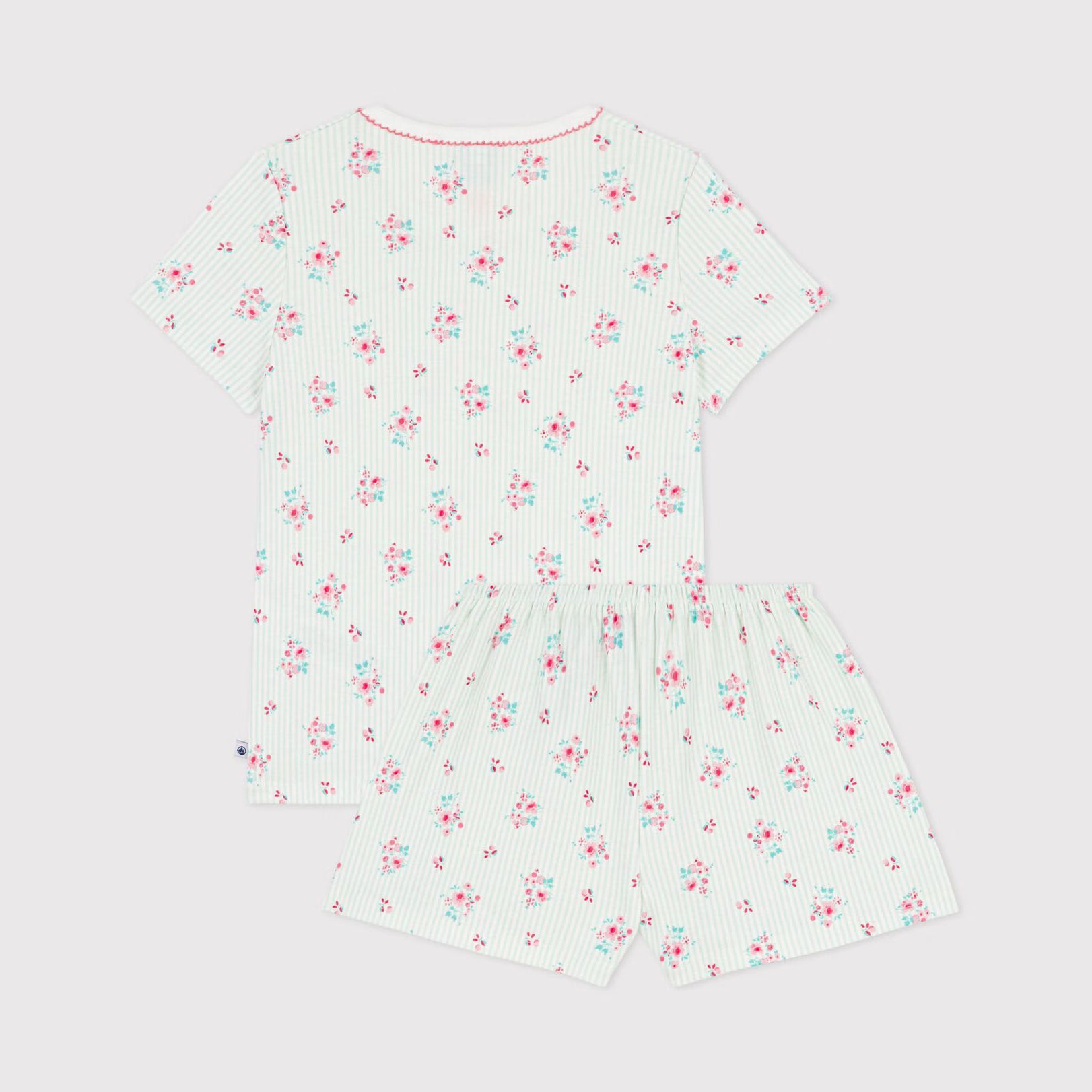 Girls Light Green Stripes Floral Cotton Nightwear Set