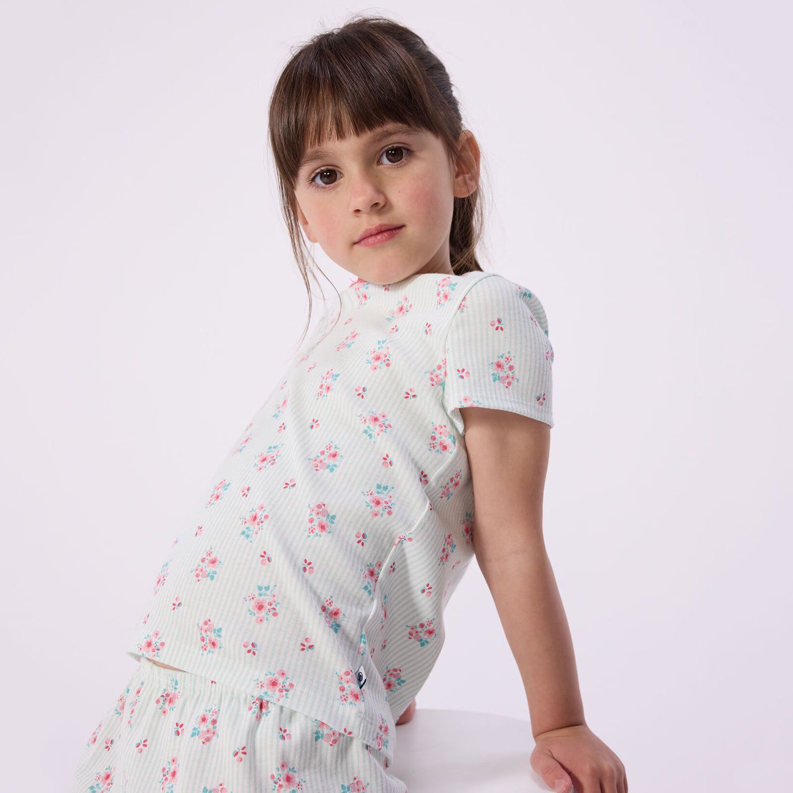 Girls Light Green Stripes Floral Cotton Nightwear Set