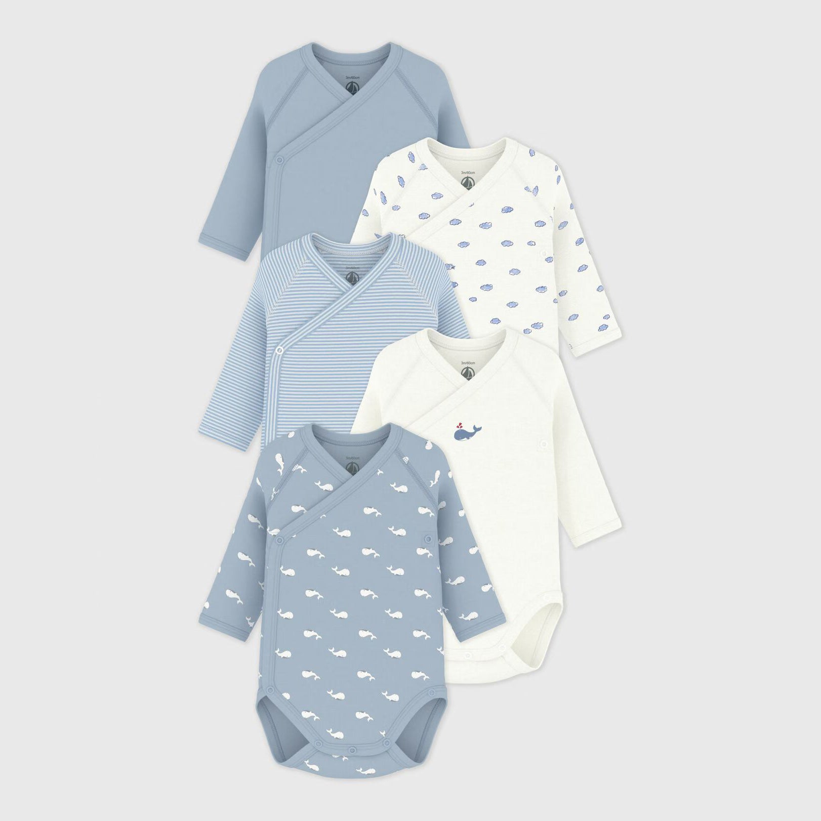 Baby Boys Blue & White Cotton Babysuit Set(5 Pack)