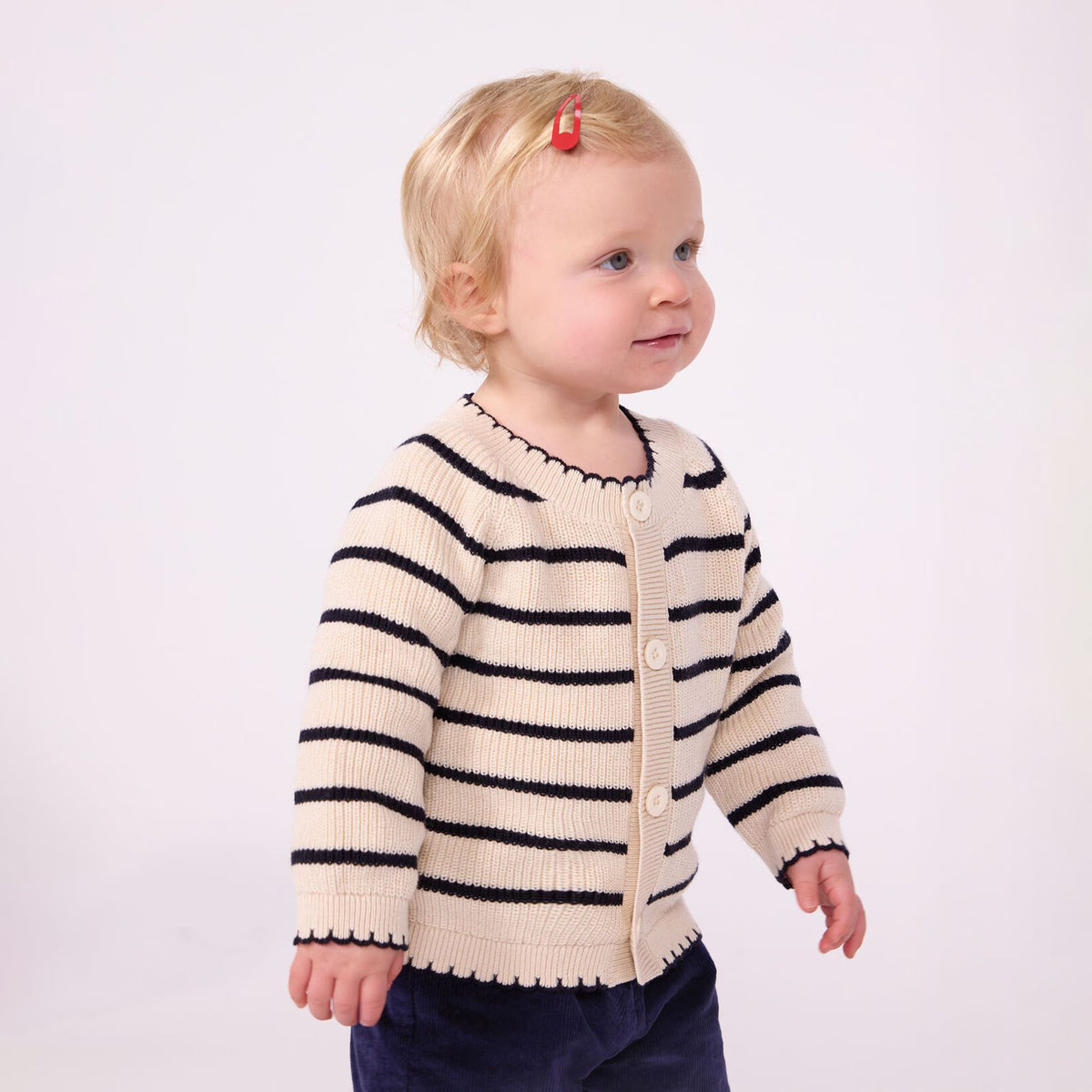 Baby Girls Beige Stripes Wool Cardigan