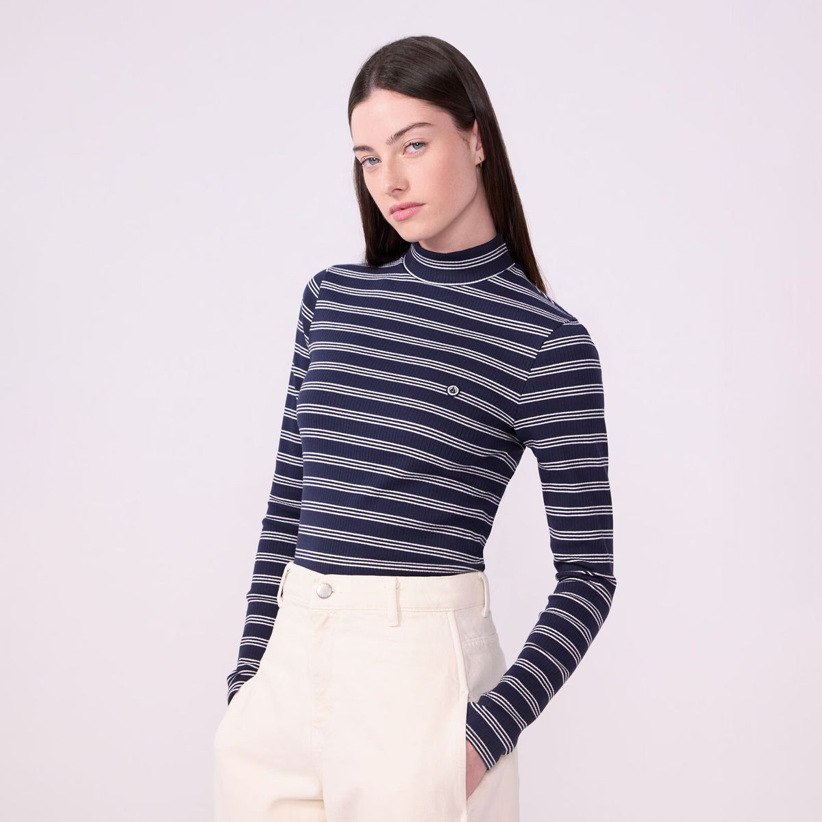 Women Navy Stripes Cotton Turtleneck