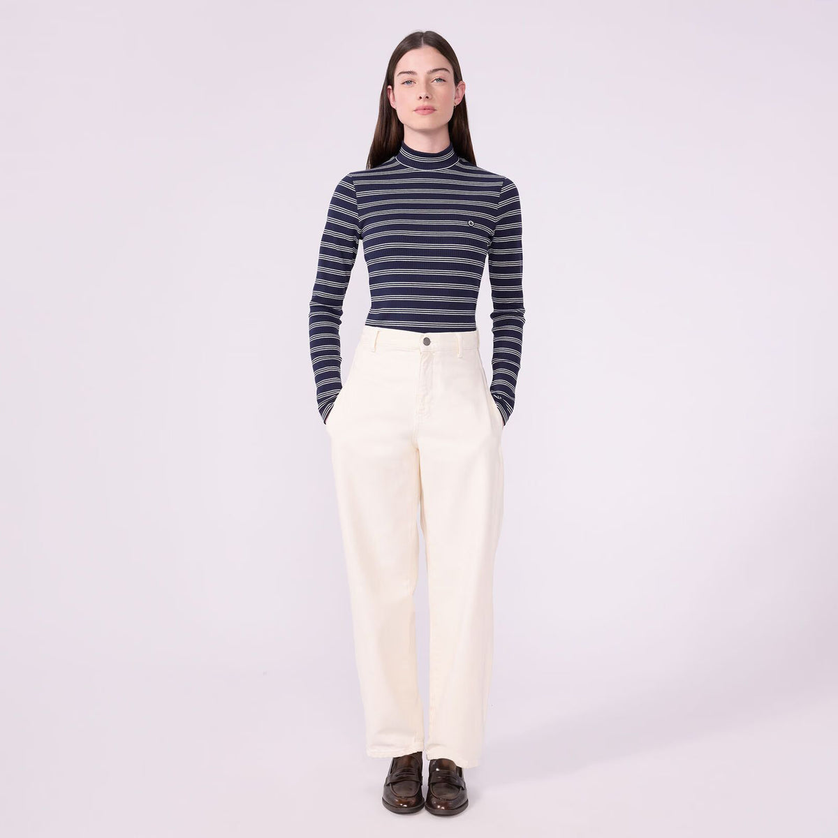 Women Navy Stripes Cotton Turtleneck