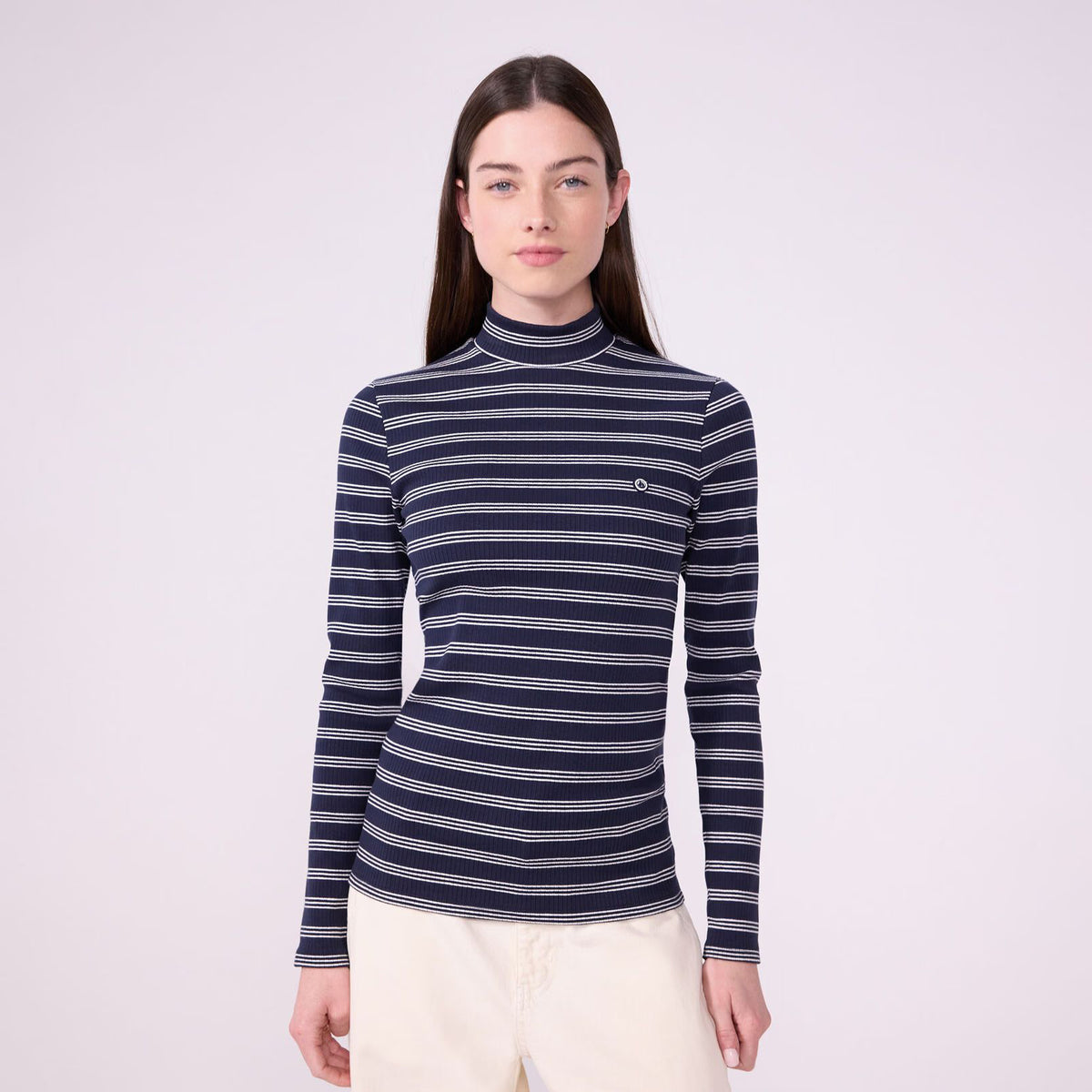 Women Navy Stripes Cotton Turtleneck