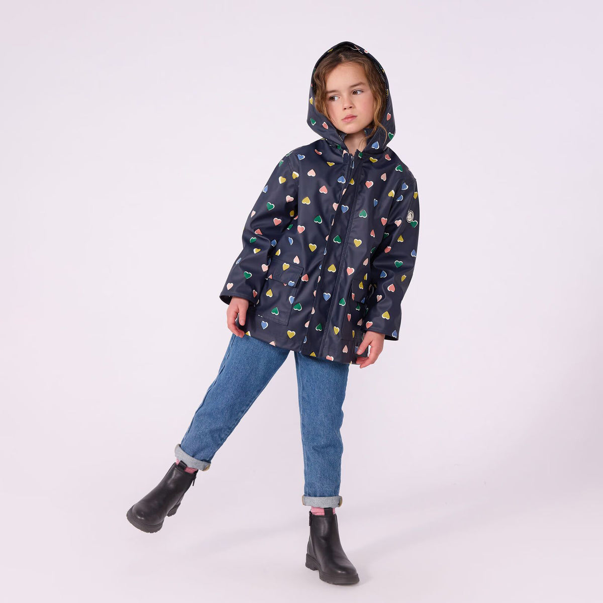 Girls Navy Heart Printed Rain Coat