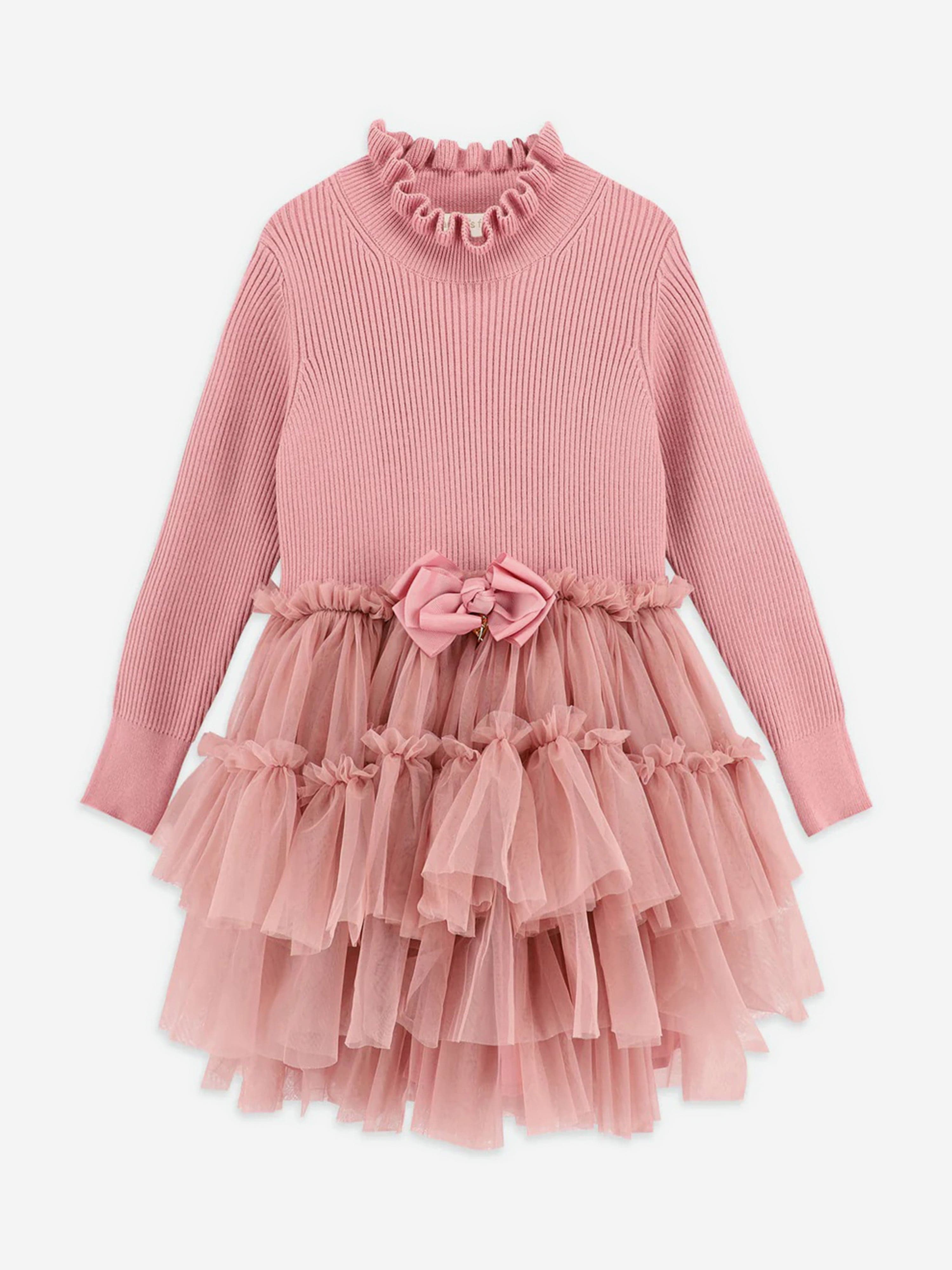 Girls Elin Knit and Tulle Dress in Pink