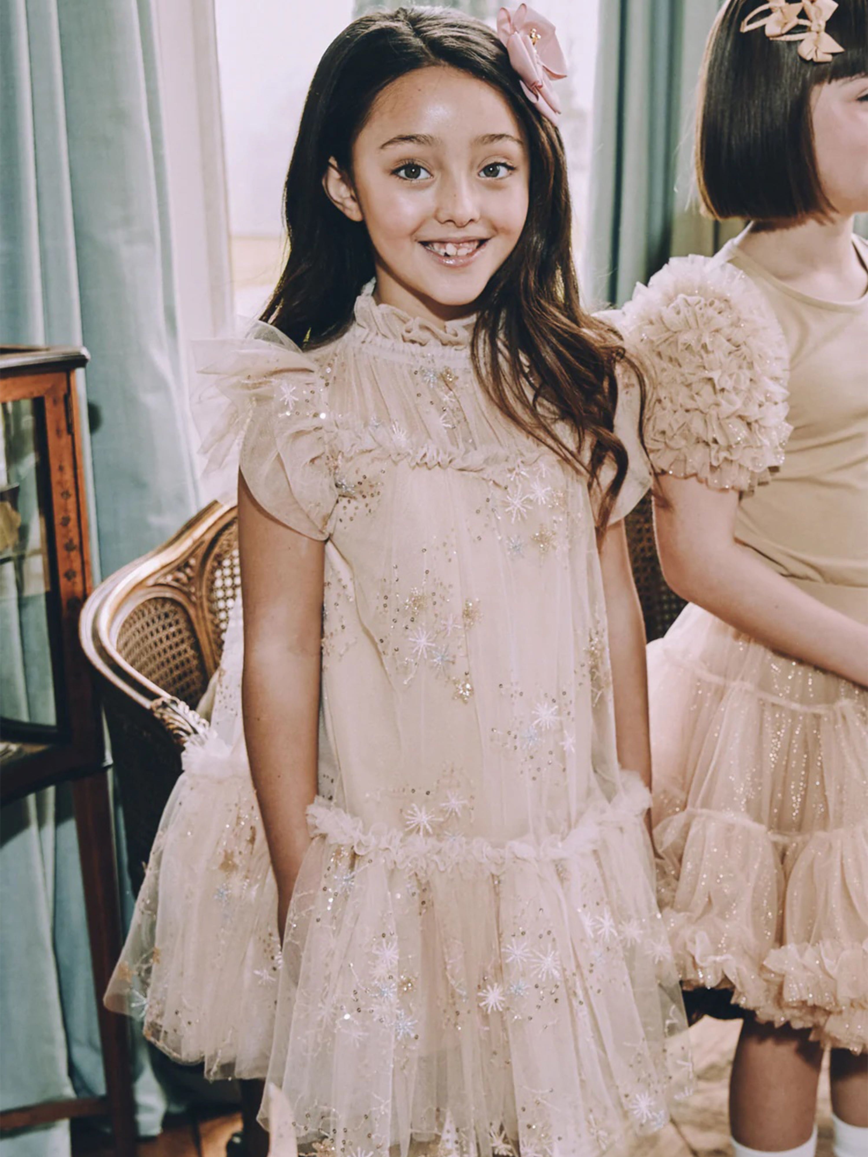 Girls Marietta Multi Glitter Star Dress in Gold