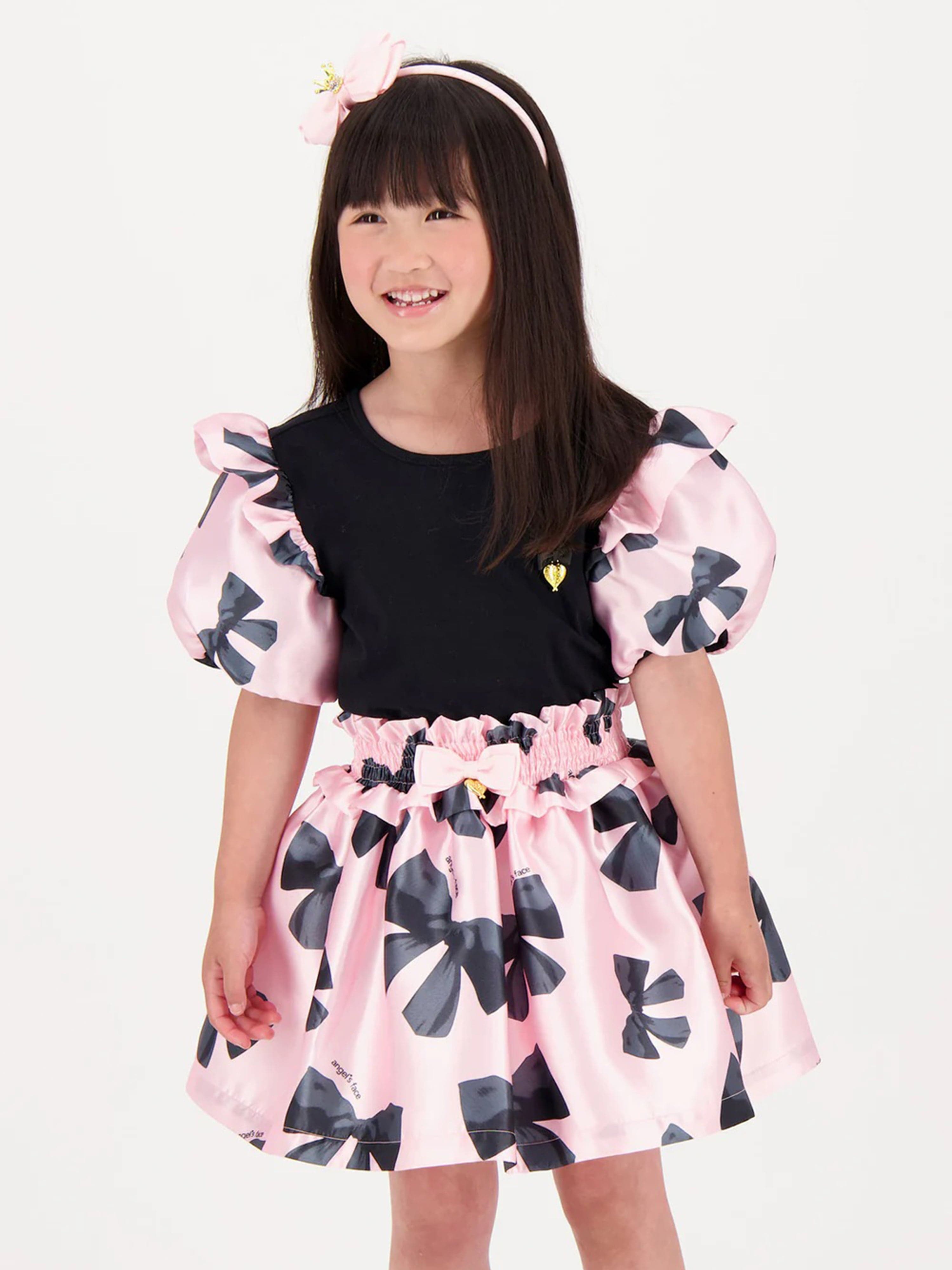 Girls Blake Bow Print Top in Black