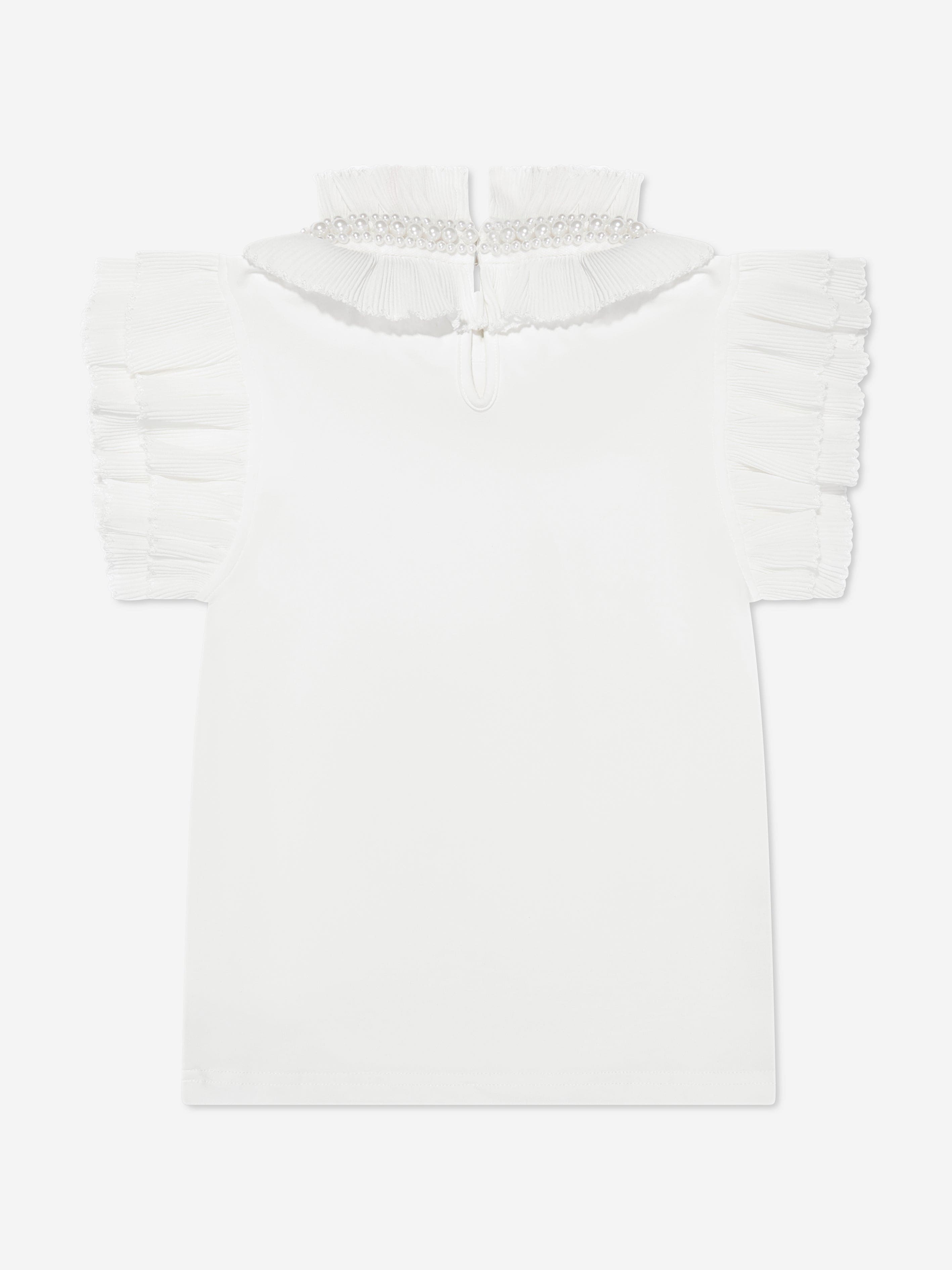 Girls Pearlee Pleated Pearl Collar Top in White