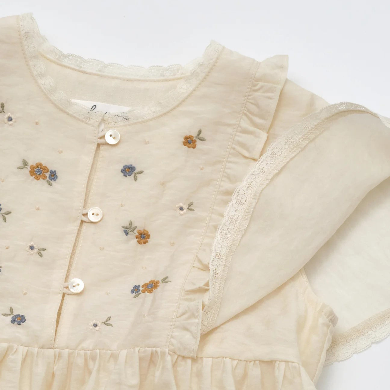 Girls Light Beige Embroidered Floral Dress