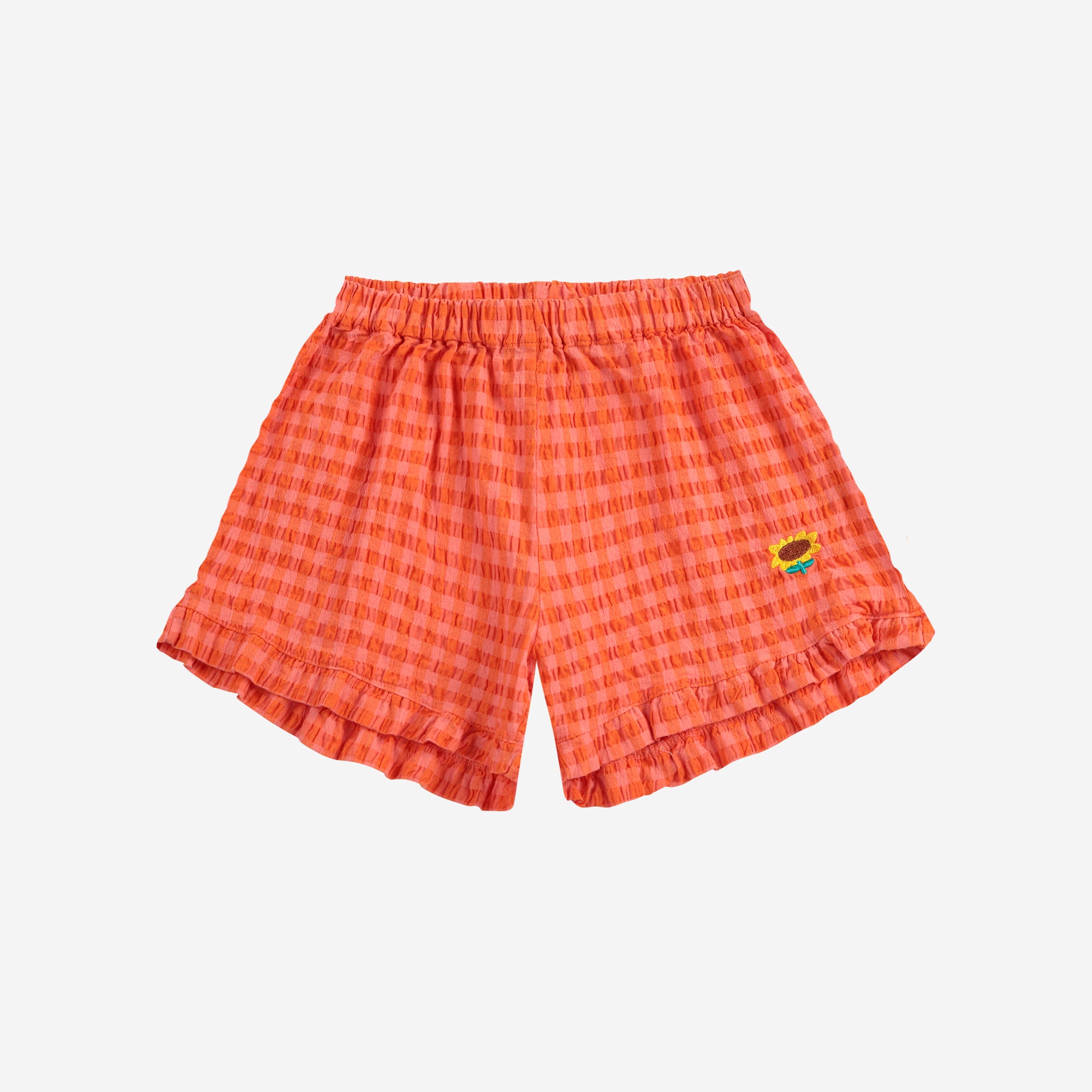 Girls Red Plaid Floral Embroidered Cotton Shorts