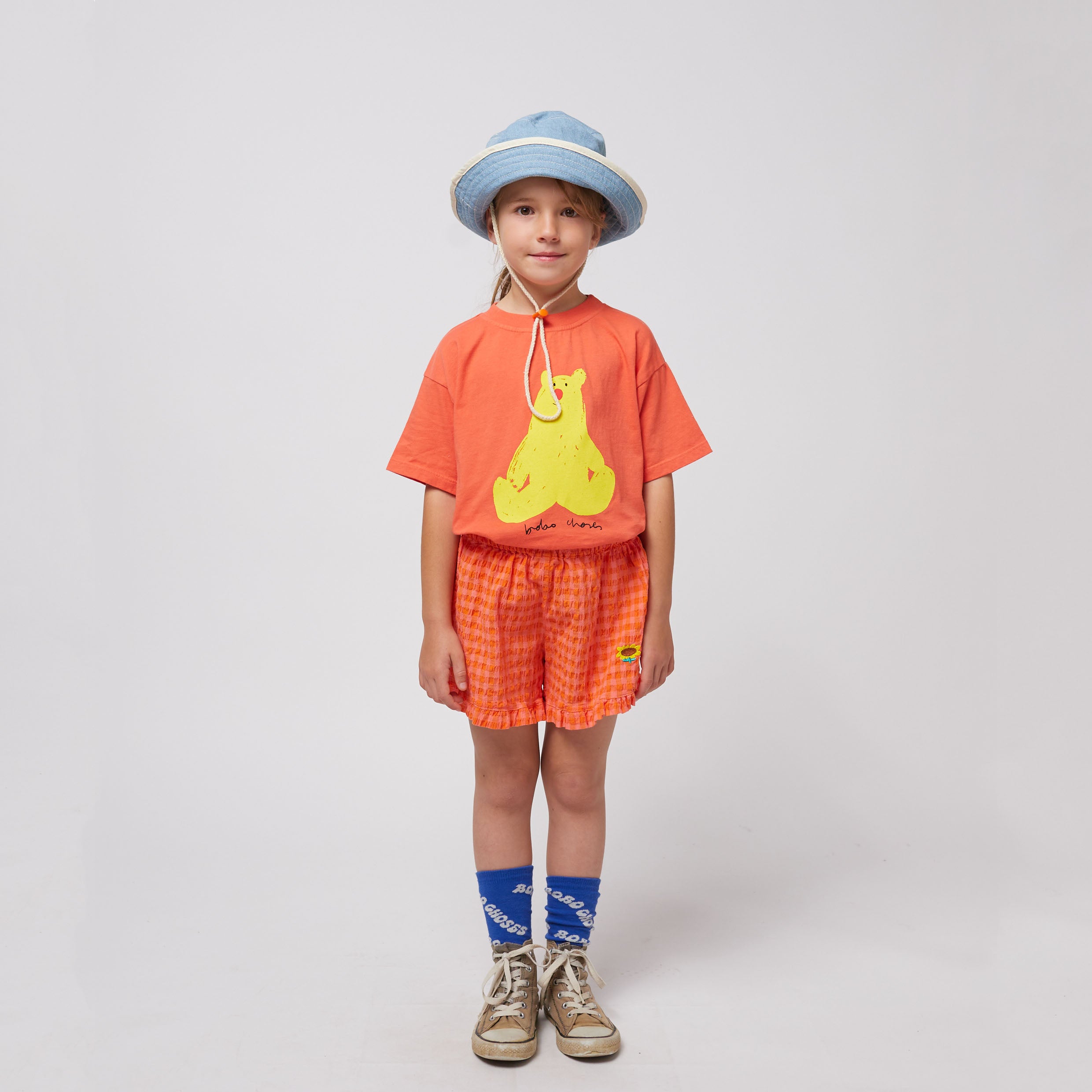 Girls Red Plaid Floral Embroidered Cotton Shorts