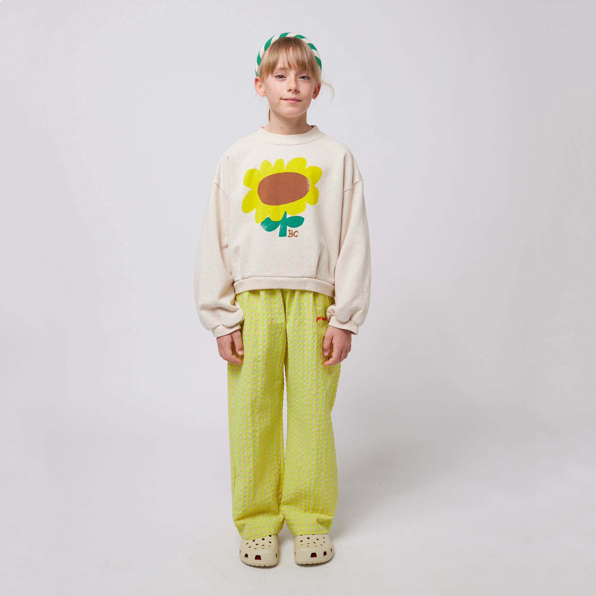 Girls Yellow Plain Embroidery Logo Cotton Trousers