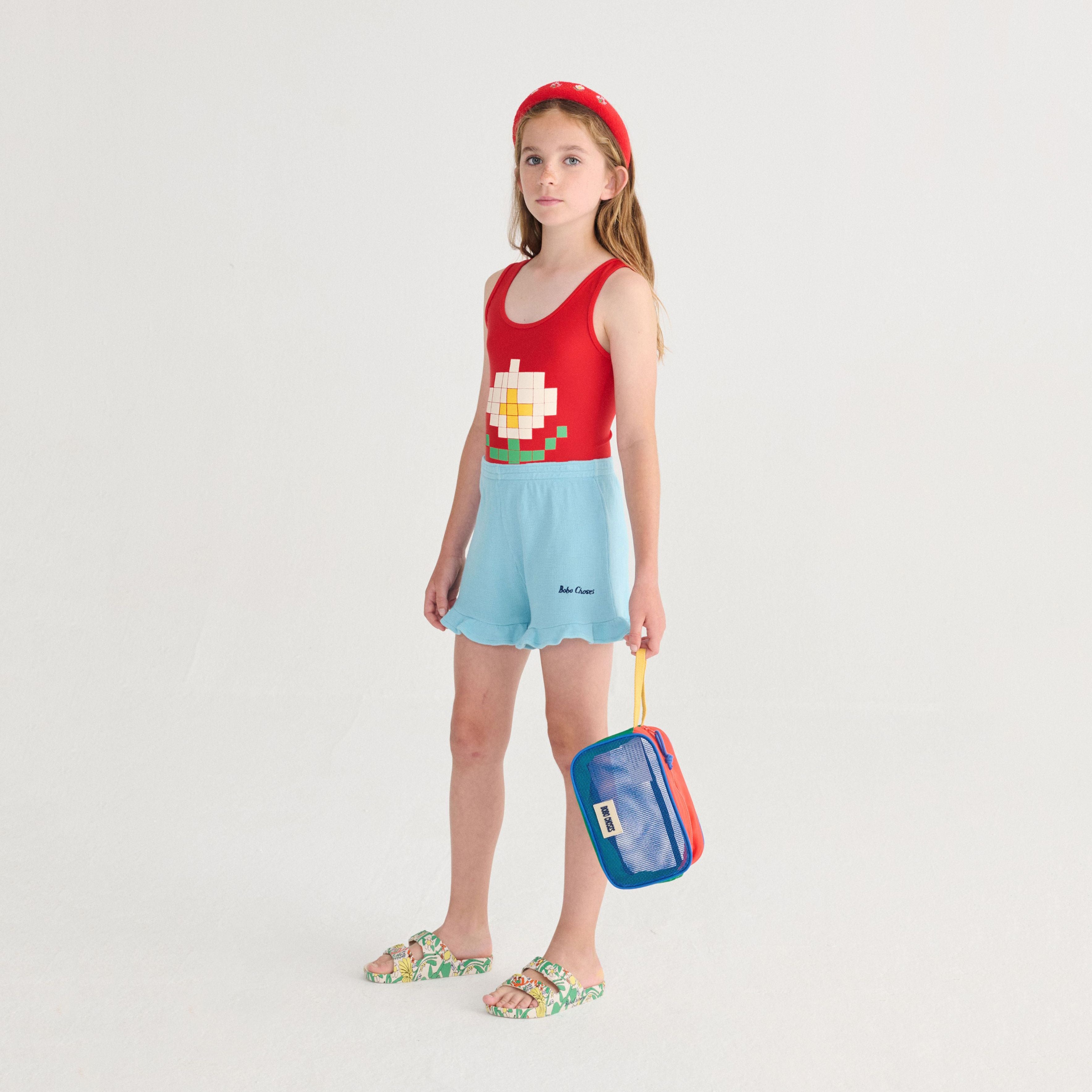 Girls Light Blue Embroidered Logo Cotton Shorts