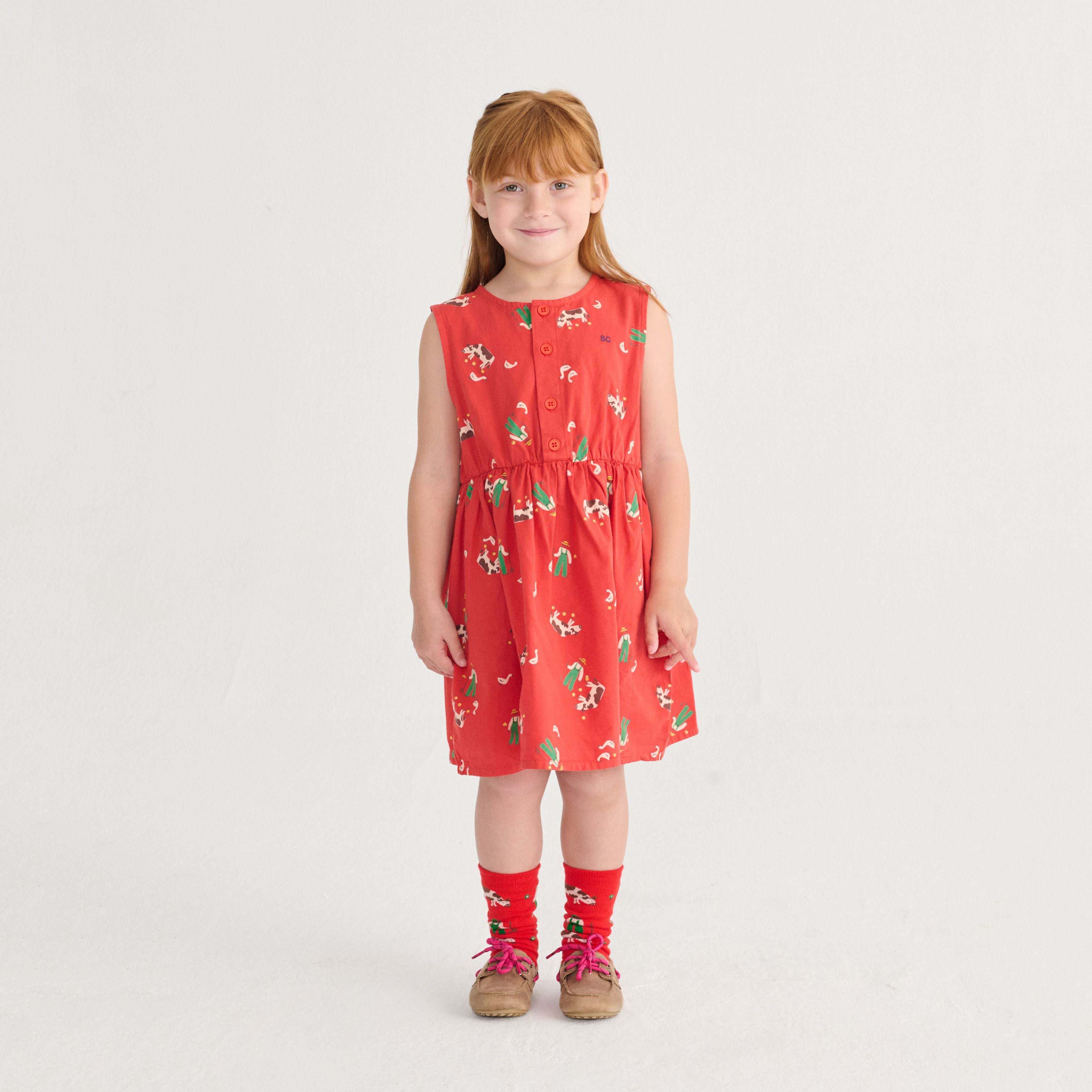 Girls Red Printed Cotton Dress