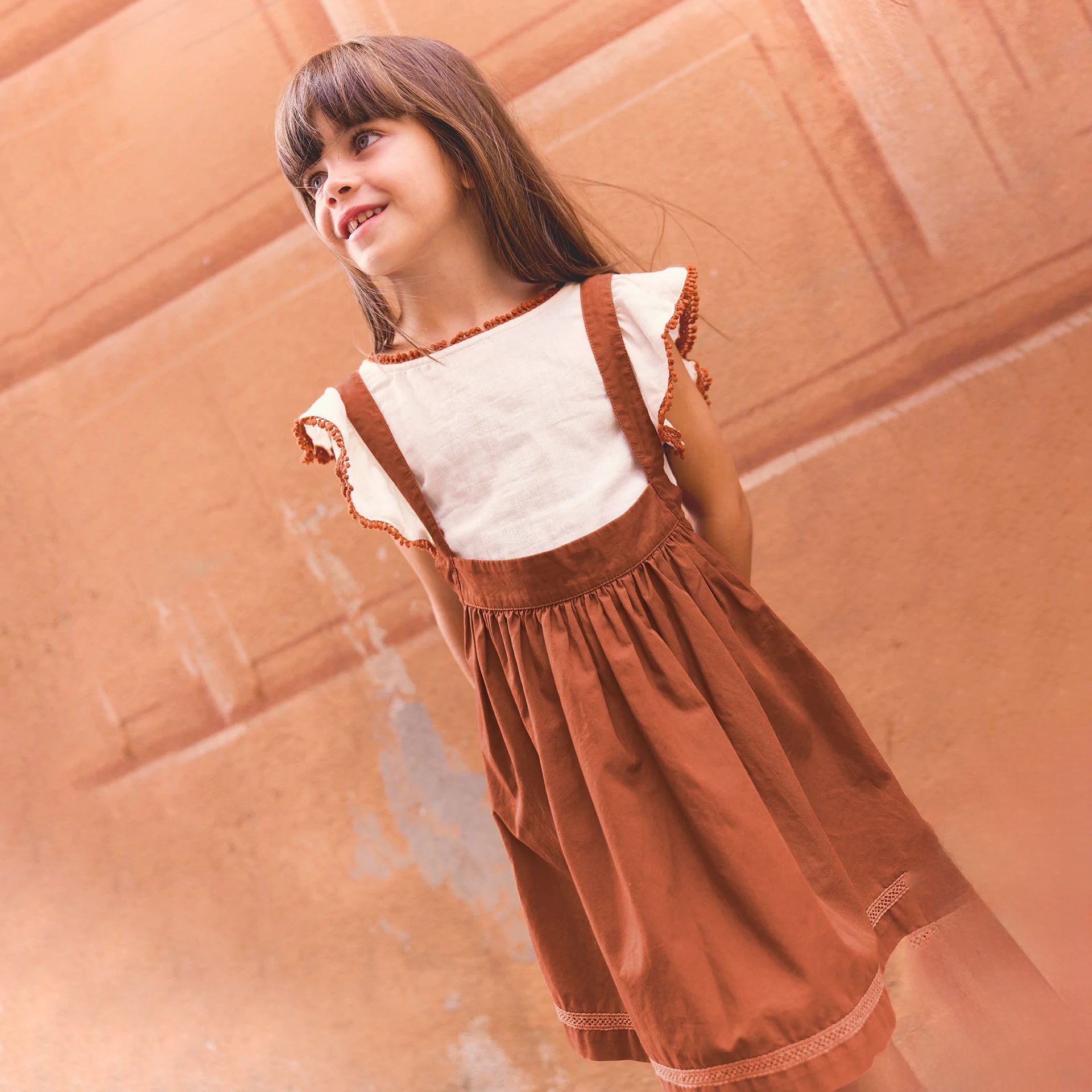 Girls Brown Cotton Strap Dress