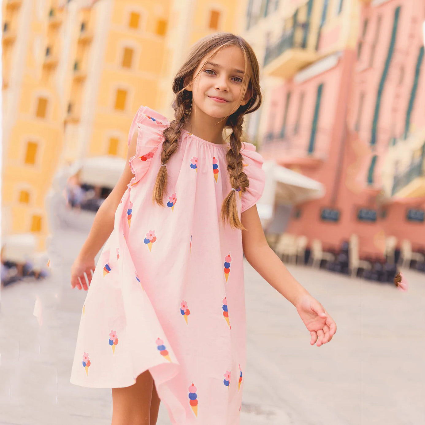 Girls Pink Printed Ice-Cream Cotton Dress