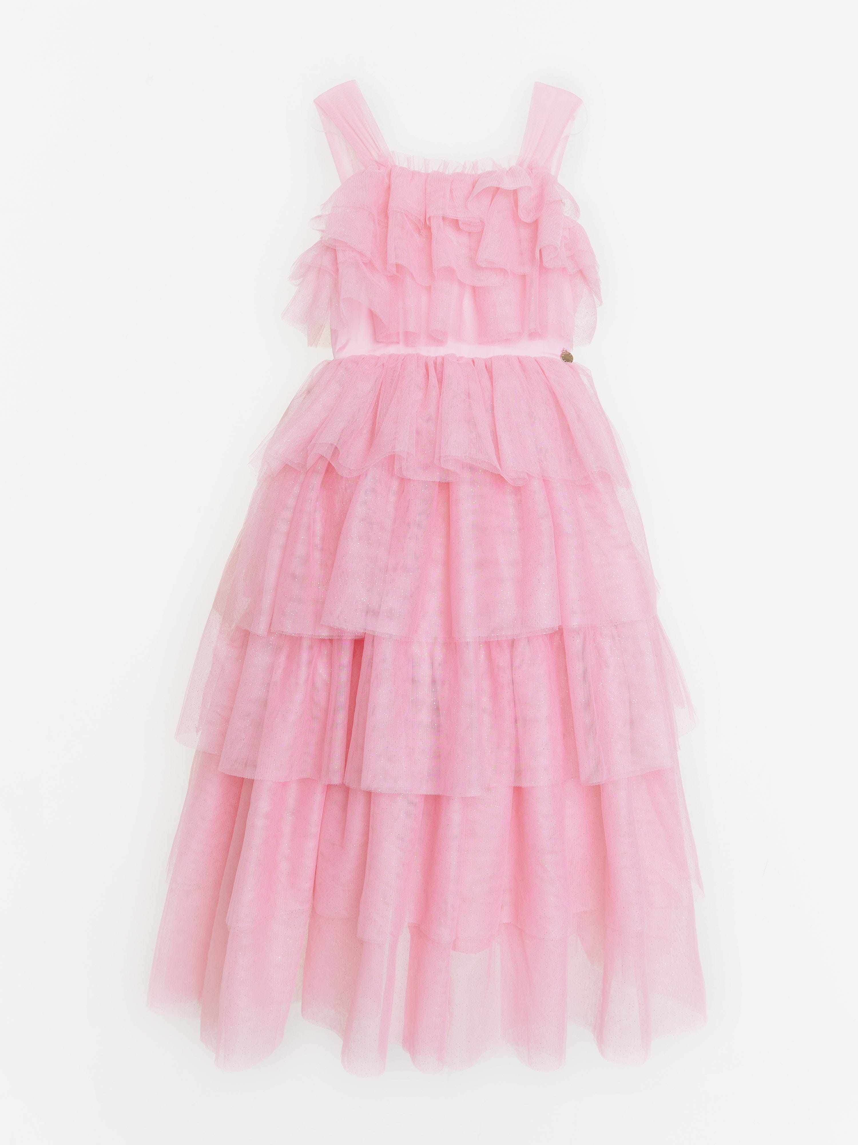 Girls Maxi Micro Plisse Tulle Dress in Pink