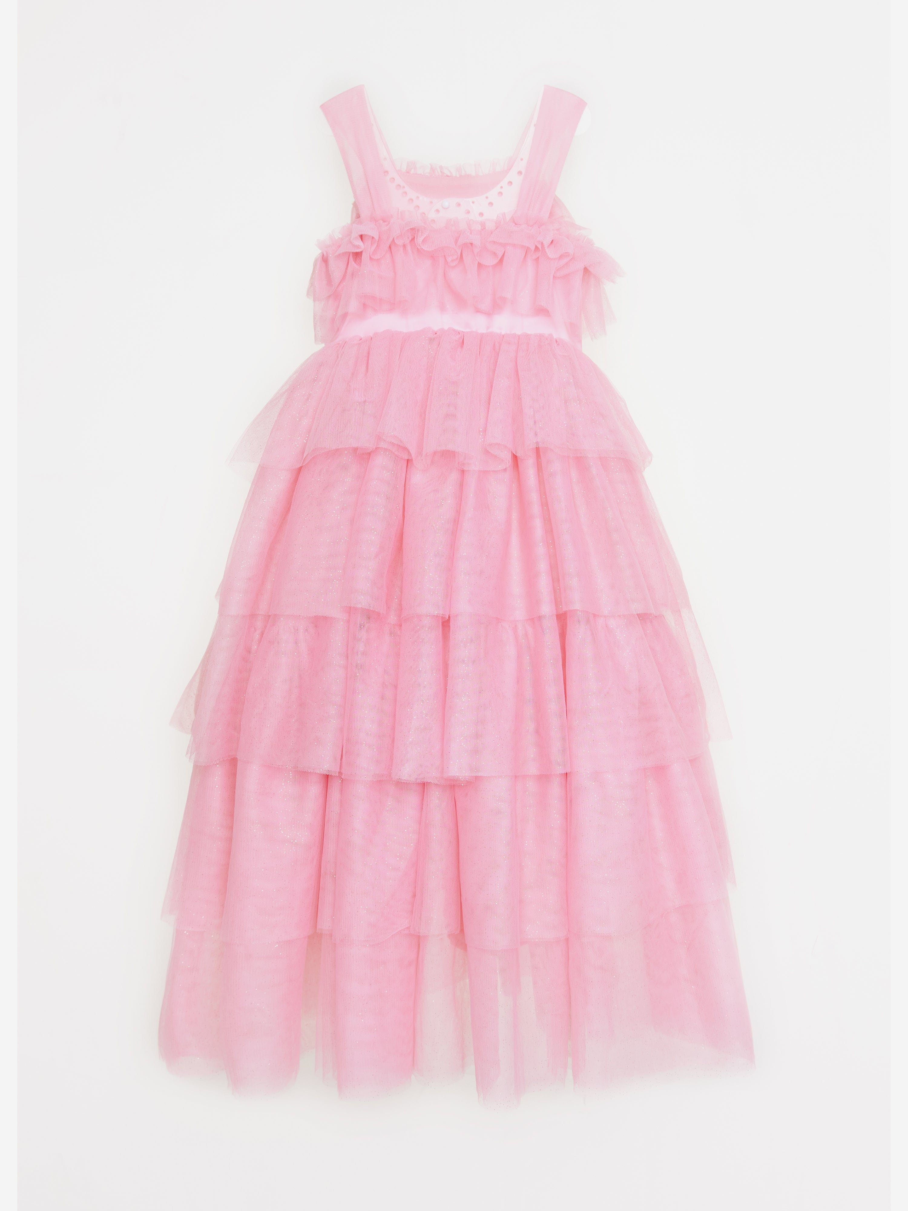 Girls Maxi Micro Plisse Tulle Dress in Pink
