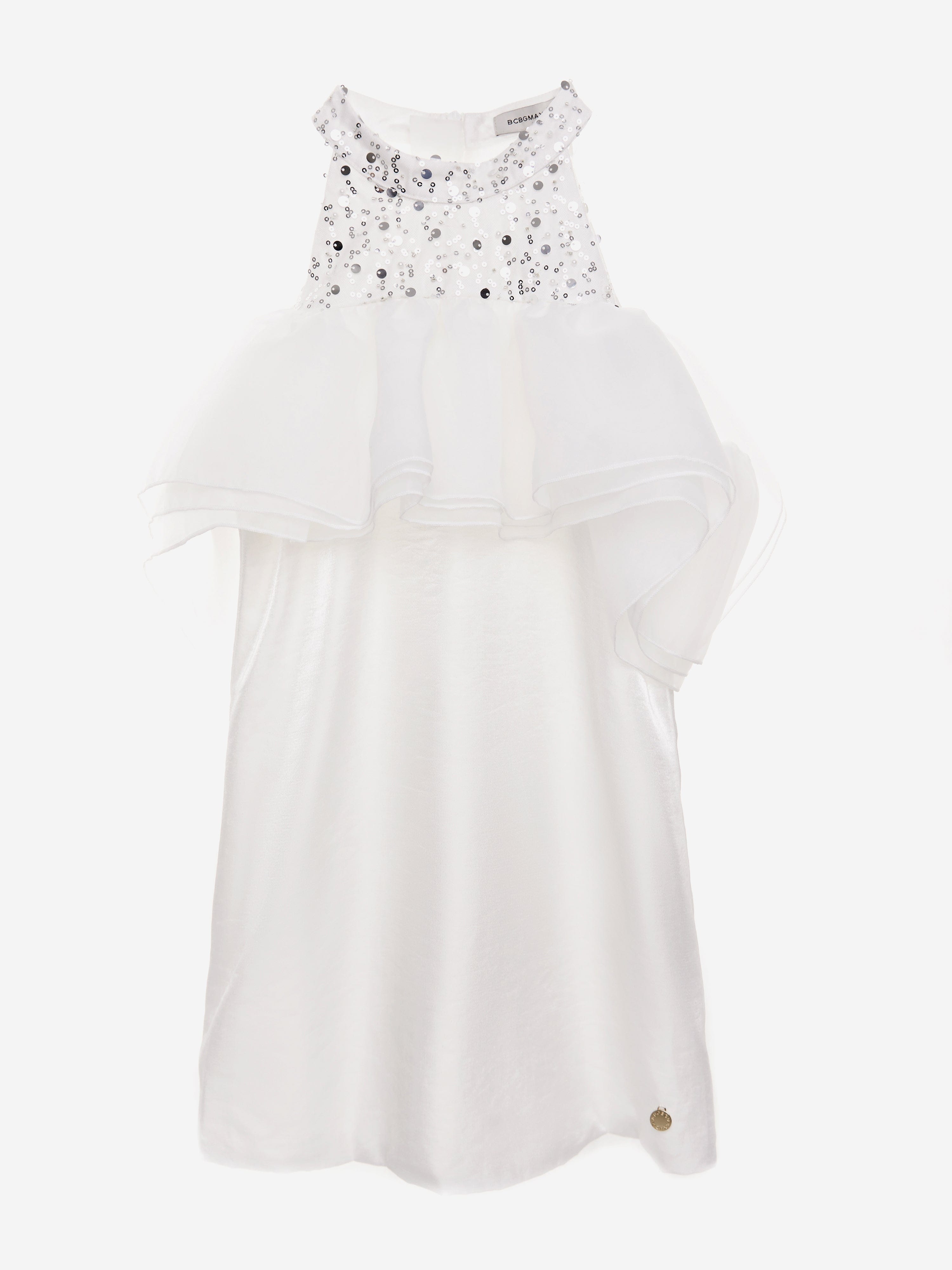 BCBG Girls Beaded Neck Satin Dress With Ruffles in White