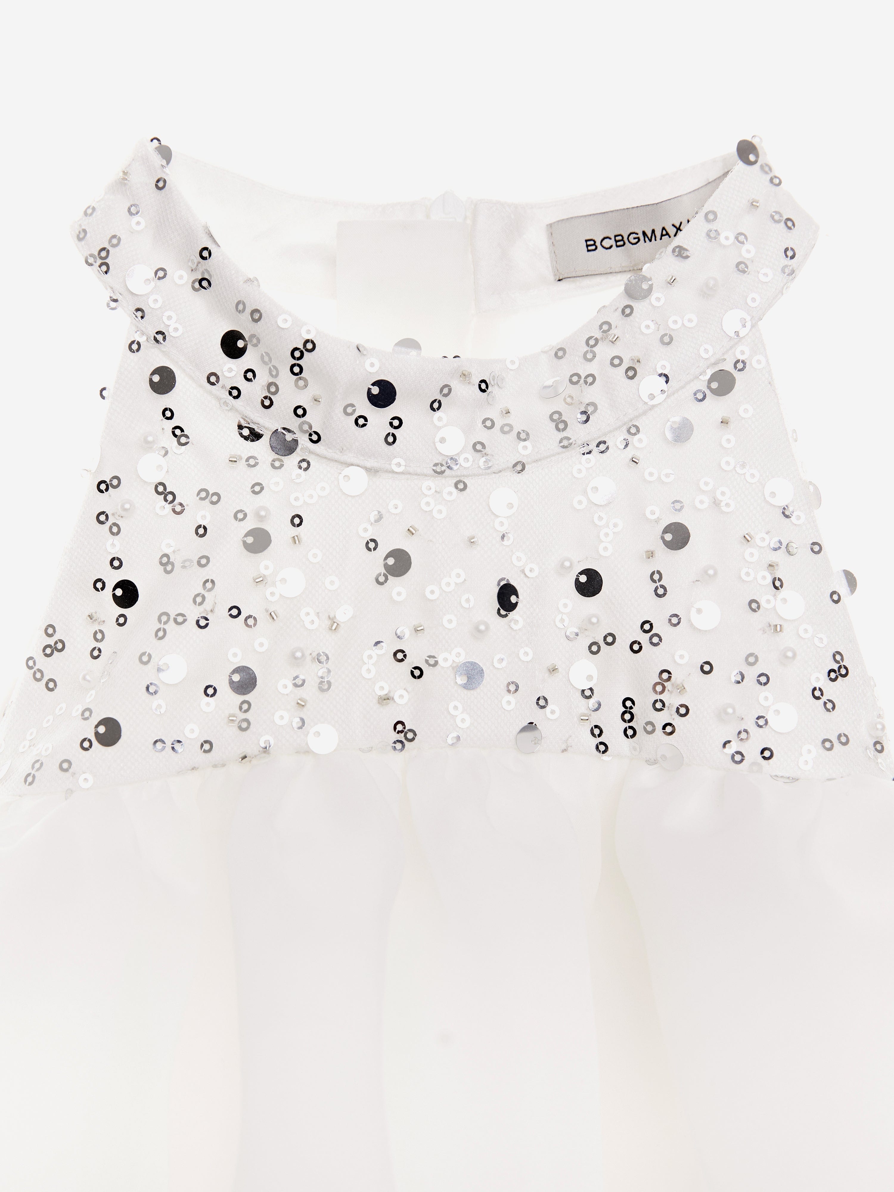 BCBG Girls Beaded Neck Satin Dress With Ruffles in White