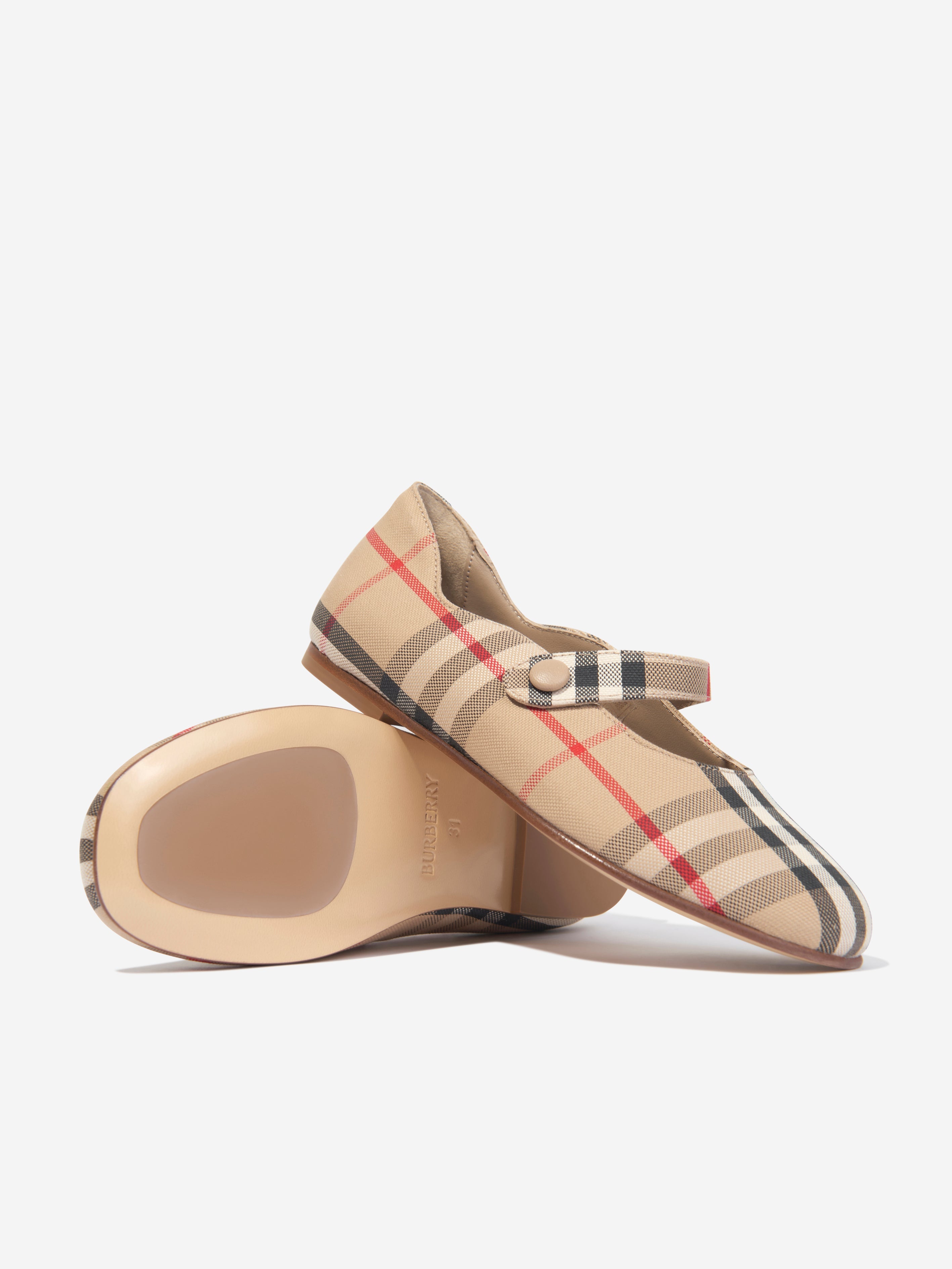 Girls Archive Check Ballerina Pumps in Beige