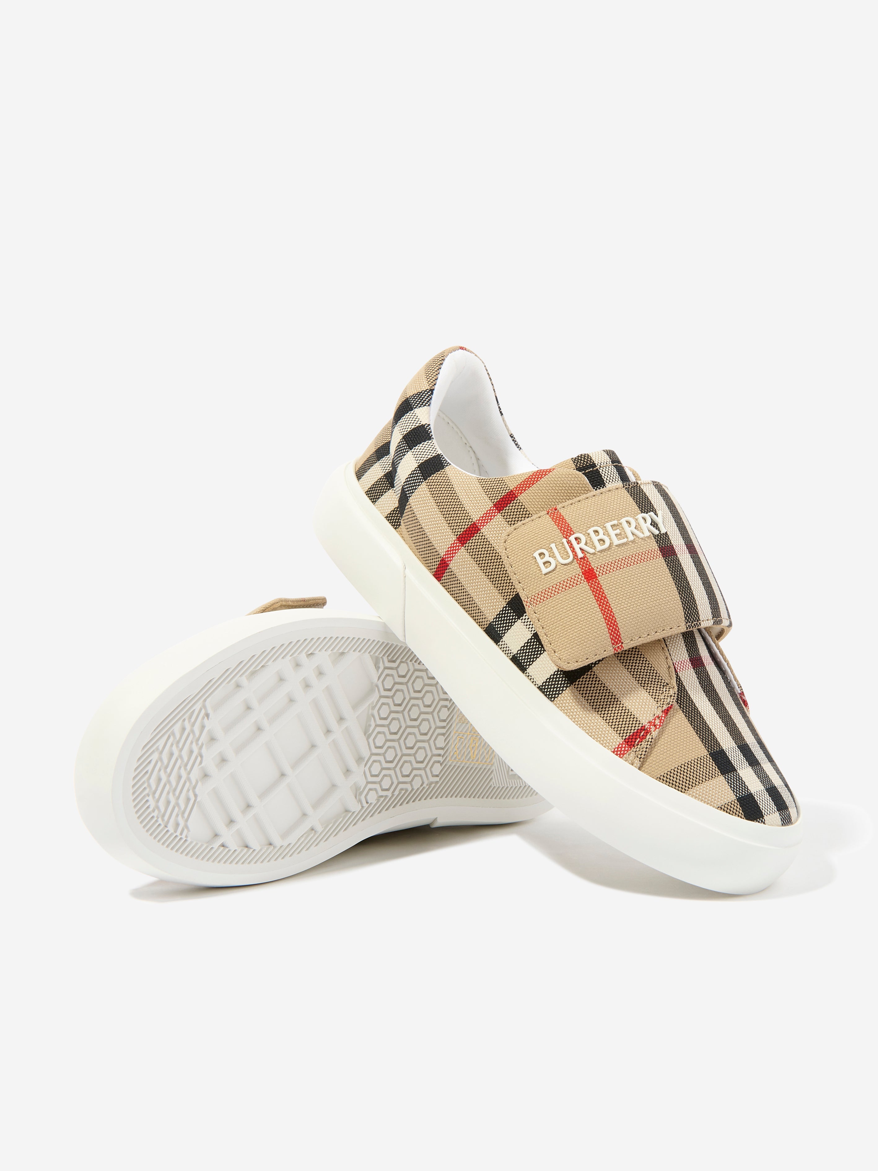 Kids Cotton Check Velcro Strap Trainers in Beige