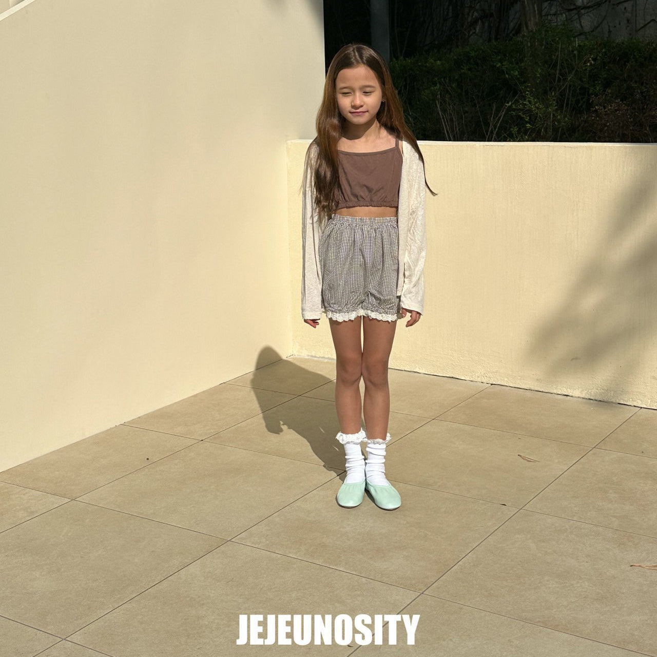 Girls Light Green Check Cotton Shorts