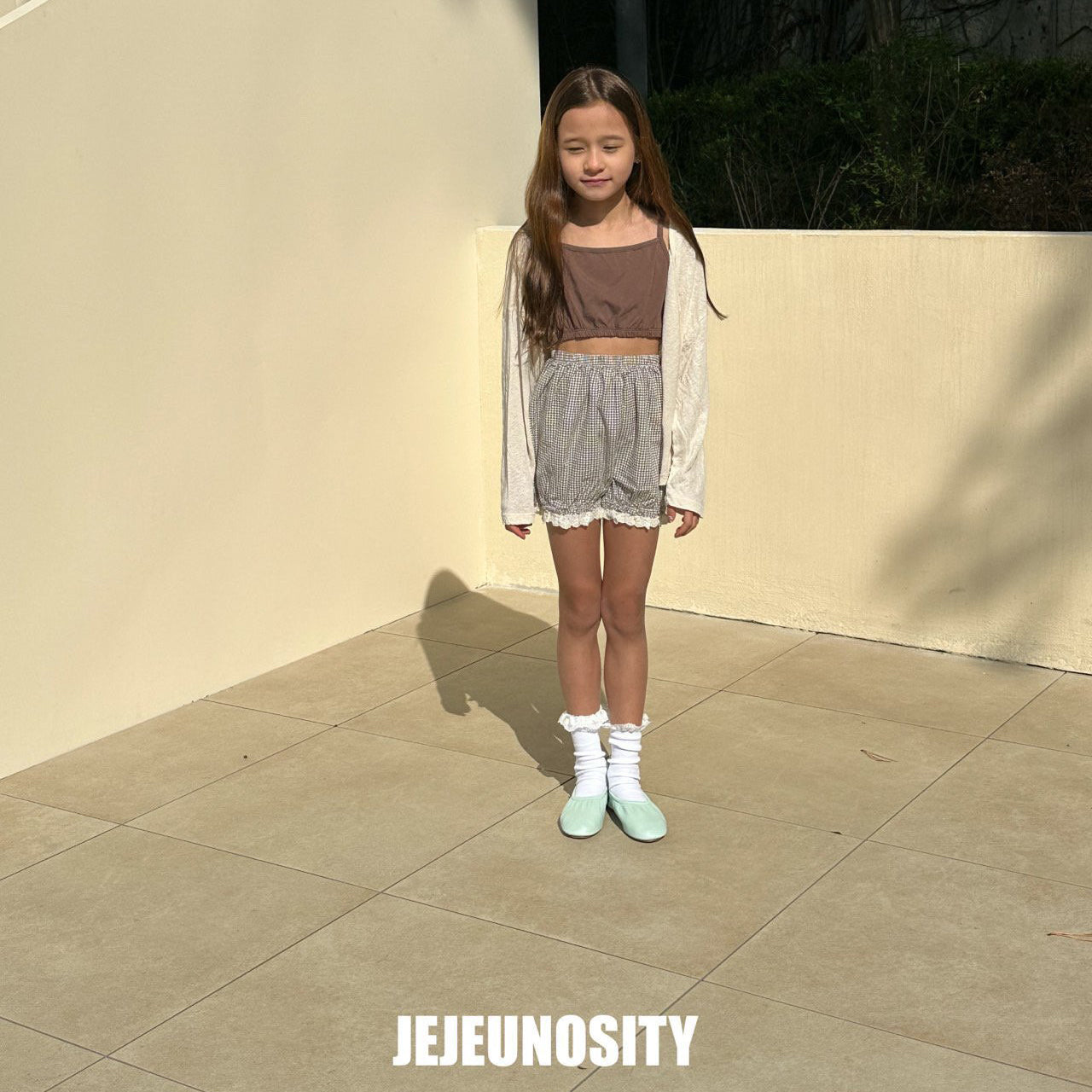 Girls Light Green Check Cotton Shorts