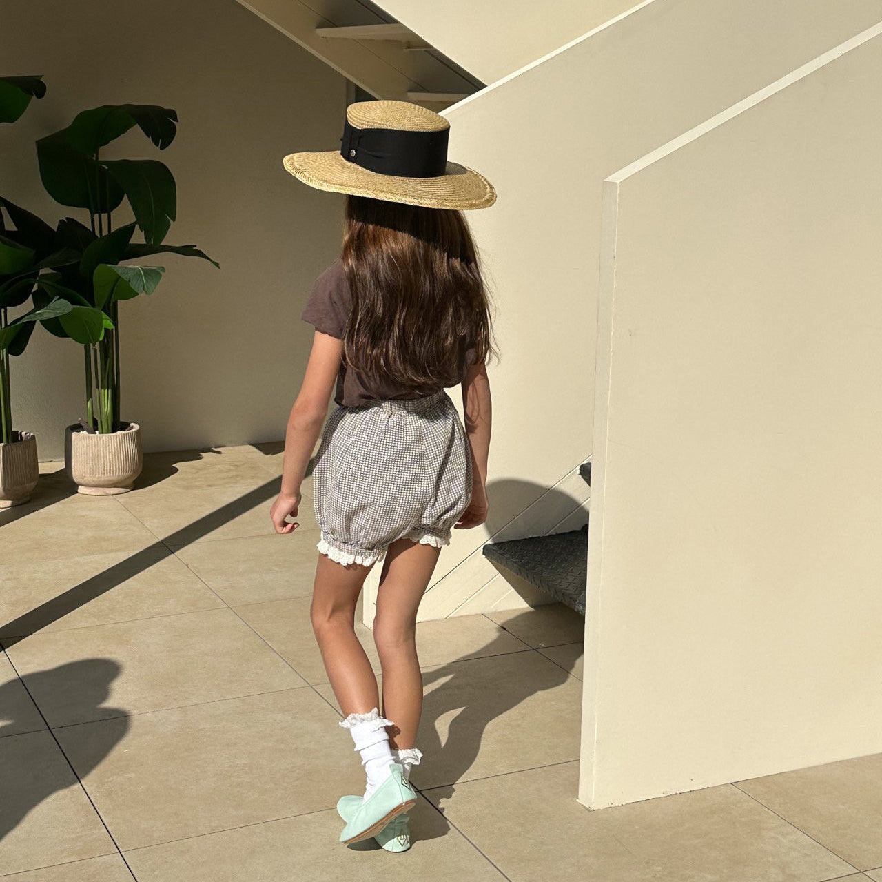 Girls Light Green Check Cotton Shorts