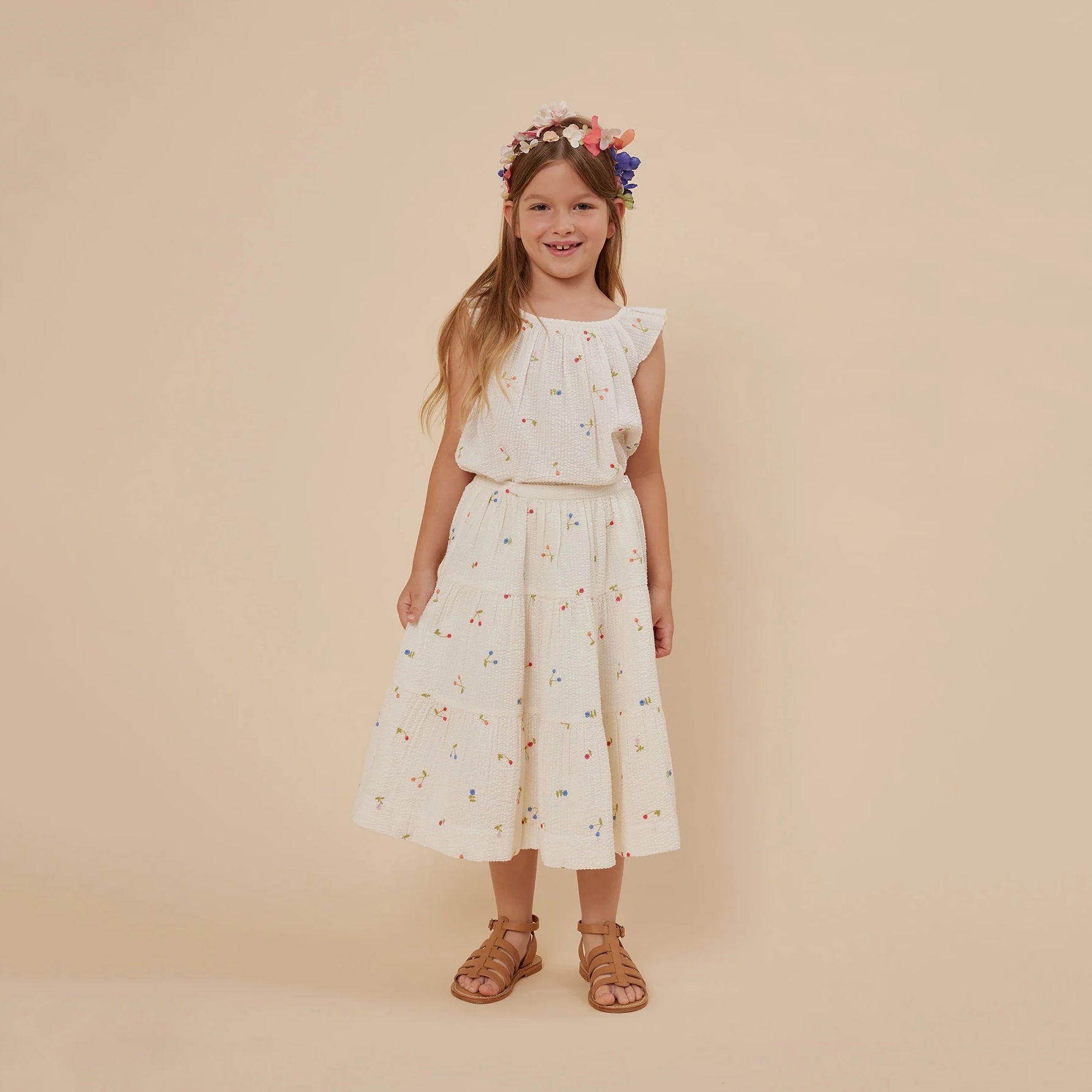 Girls White Cherry Embroidered Cotton Top