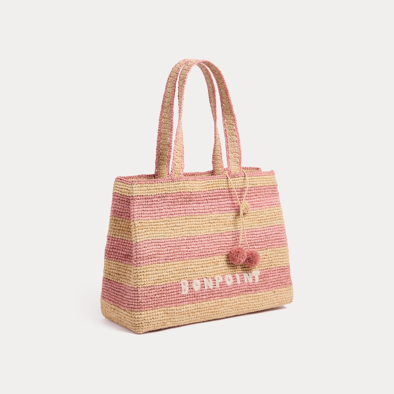 Girls Pink Stripes Embroidered Logo Raffia Handbag( 33 x 12 x 24 cm)