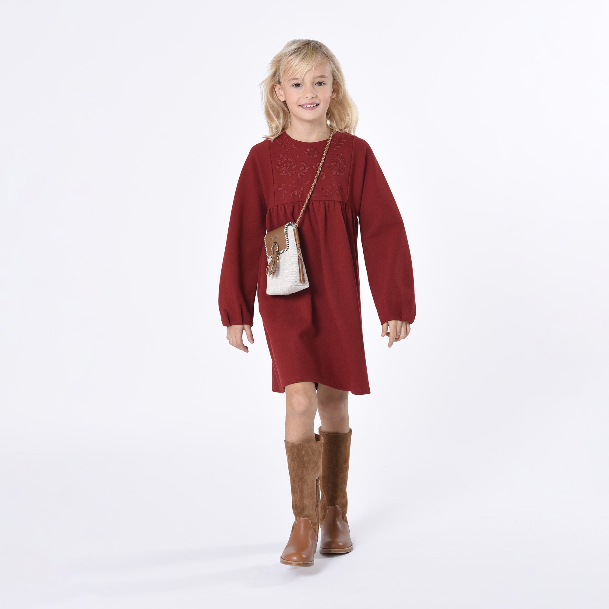 Girls Dark Red Embroidered Dress