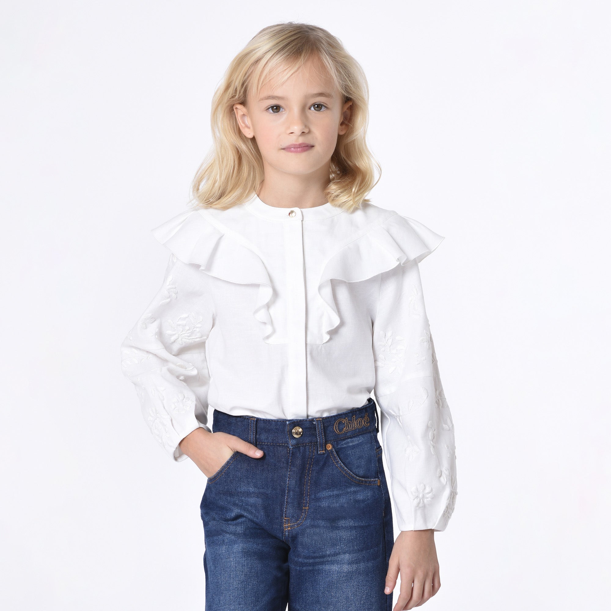 Girls White Ruffled Cotton Shirt