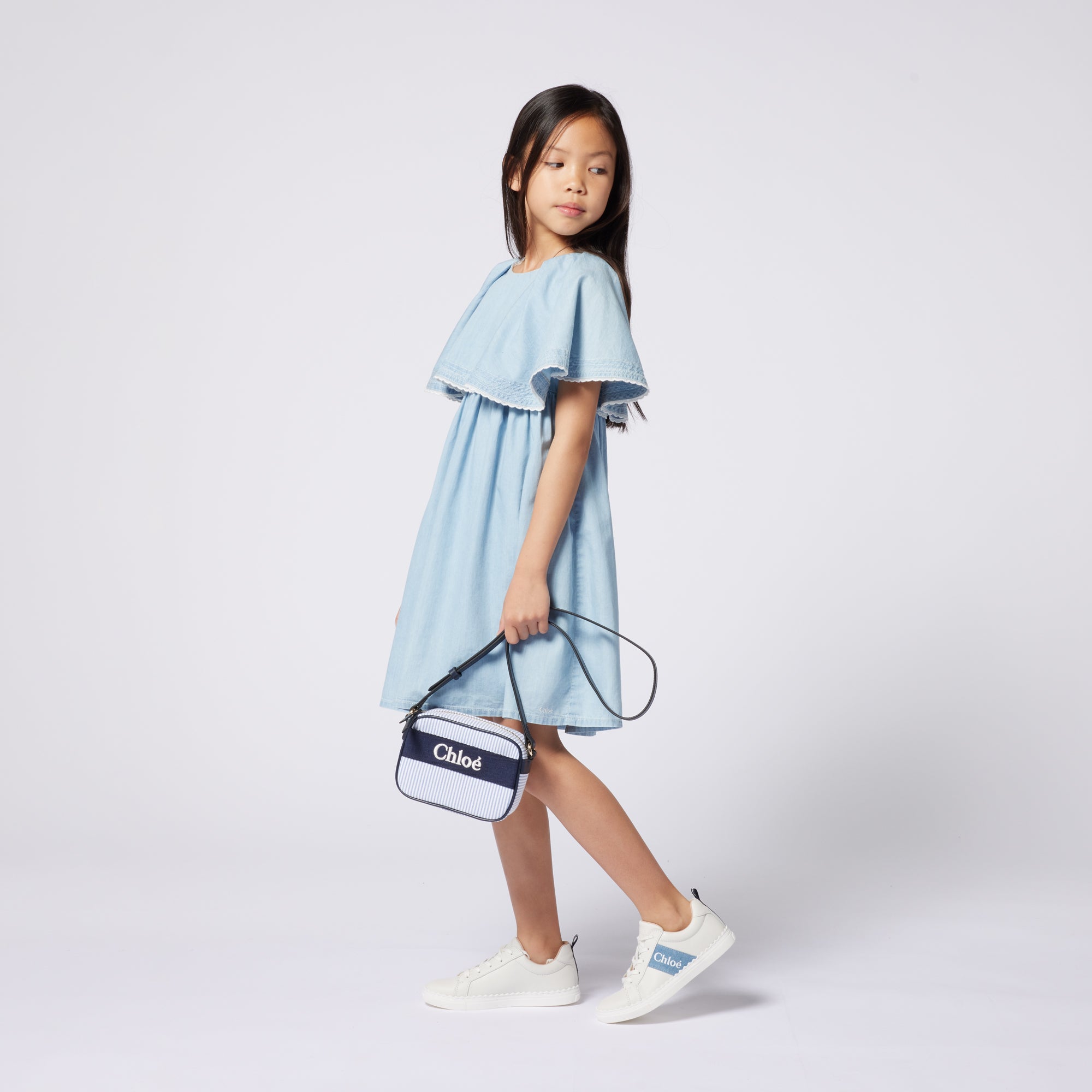 Girls Blue Ruffled Denim Dress