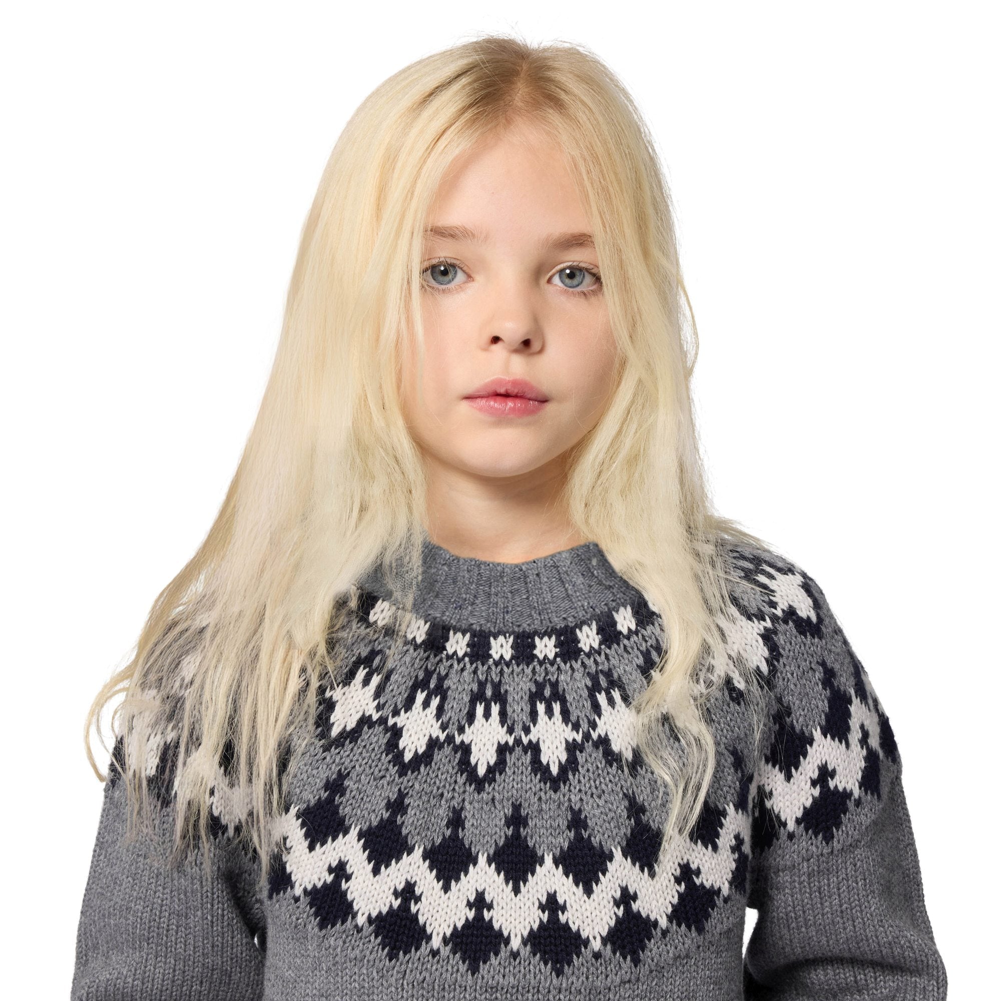 Girls Grey Jacquard Cotton Knit Sweater